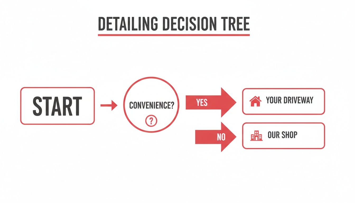 A car detailing decision tree diagram showing choices for convenience: your driveway or our shop.