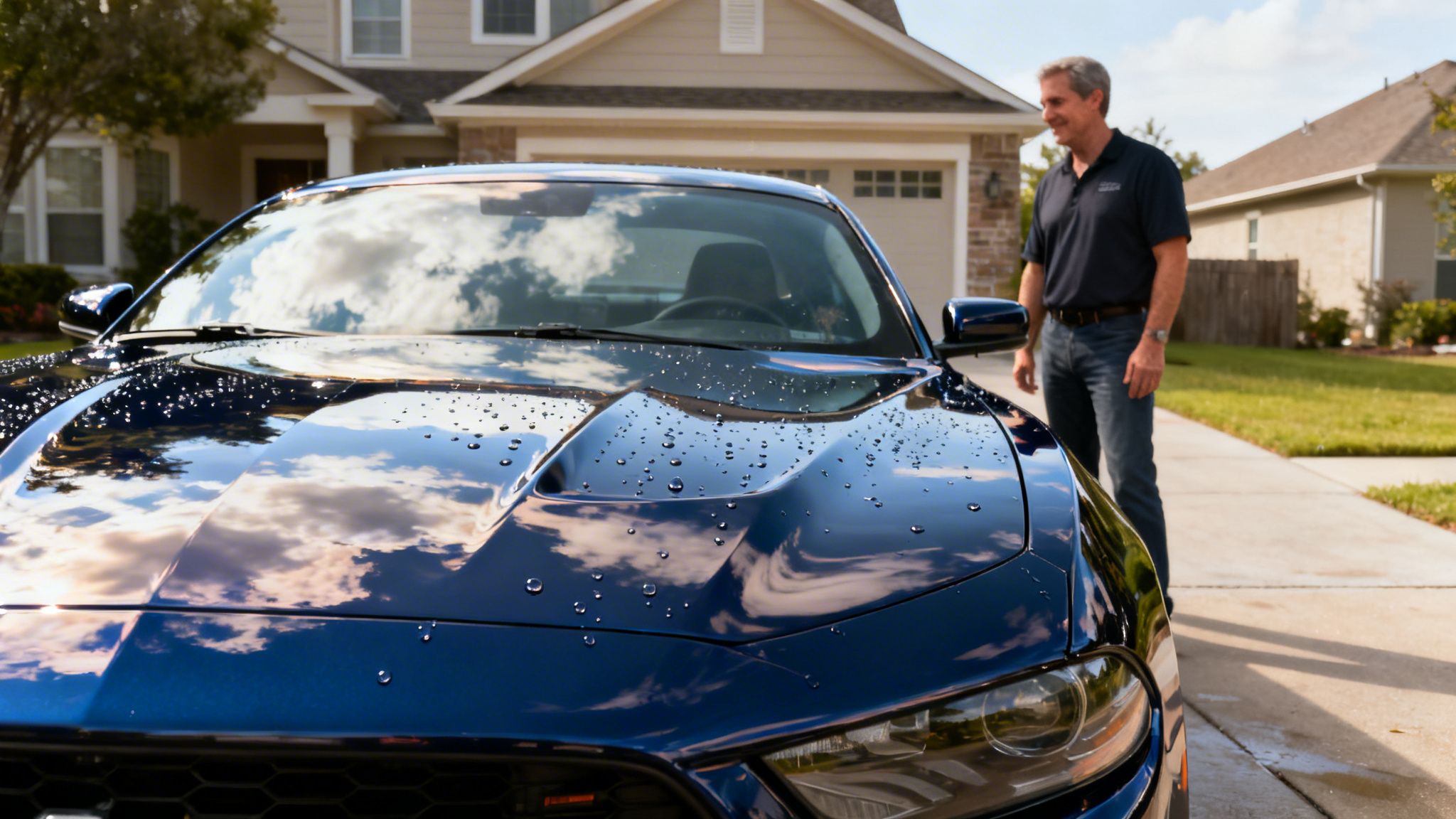 A man smiles proudly next to a freshly washed blue sports car with water beads, reflecting clouds.