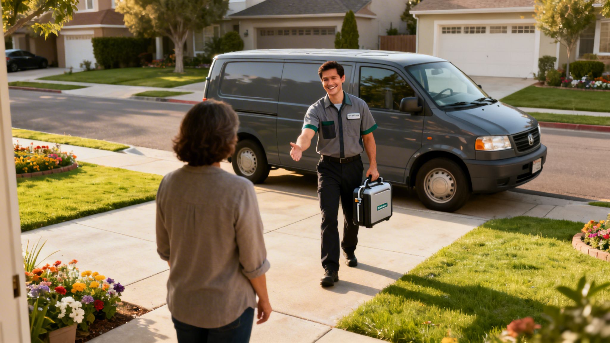 A friendly service technician with a toolkit greets a woman at her home with a smile.