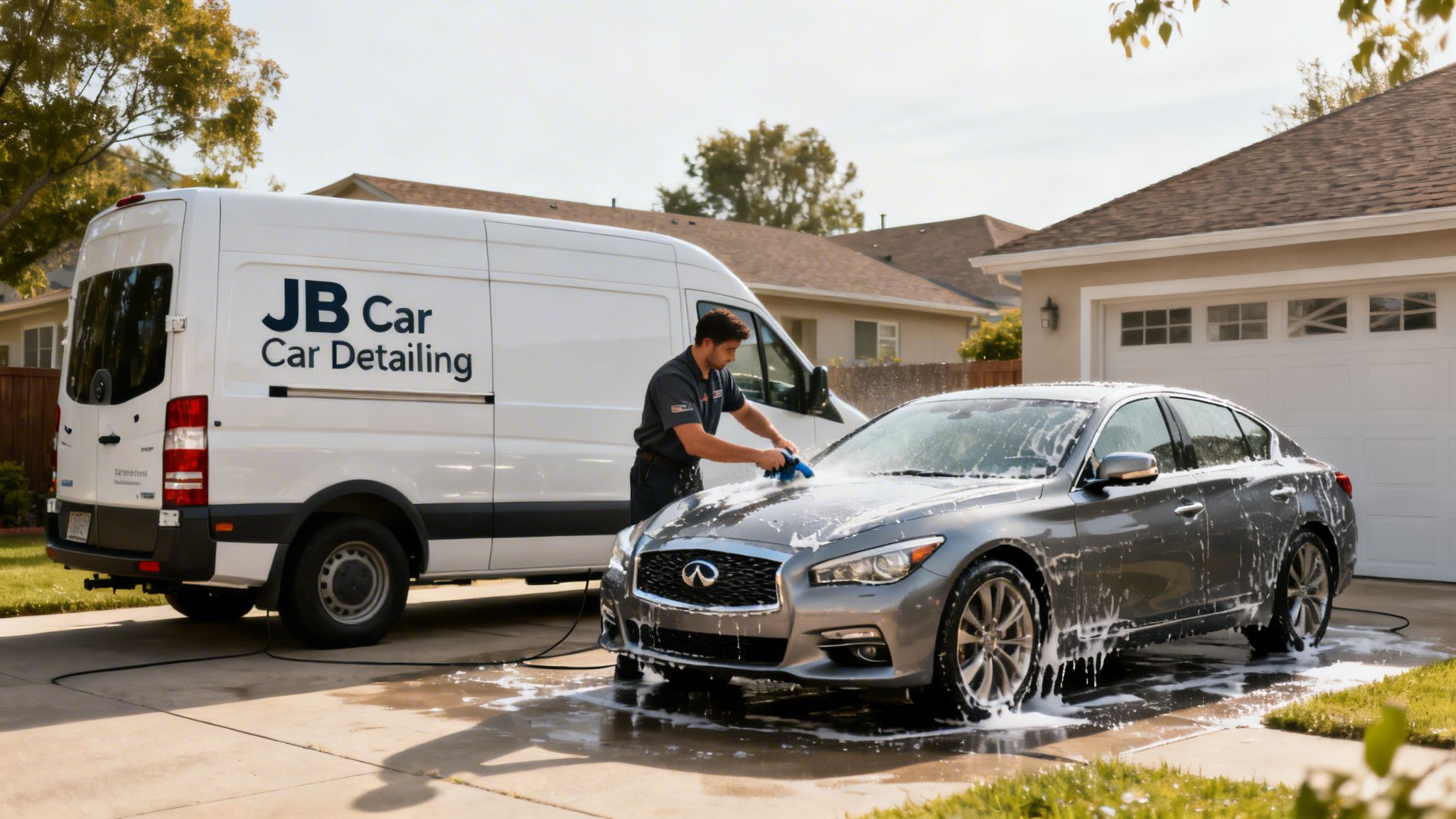 A professional detailer washes a grey car with soap, with a white mobile detailing van nearby.