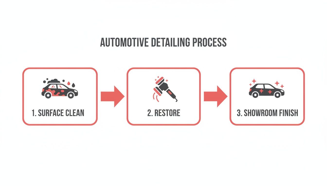 Infographic showing a three-step automotive detailing process: surface clean, restore, and showroom finish.