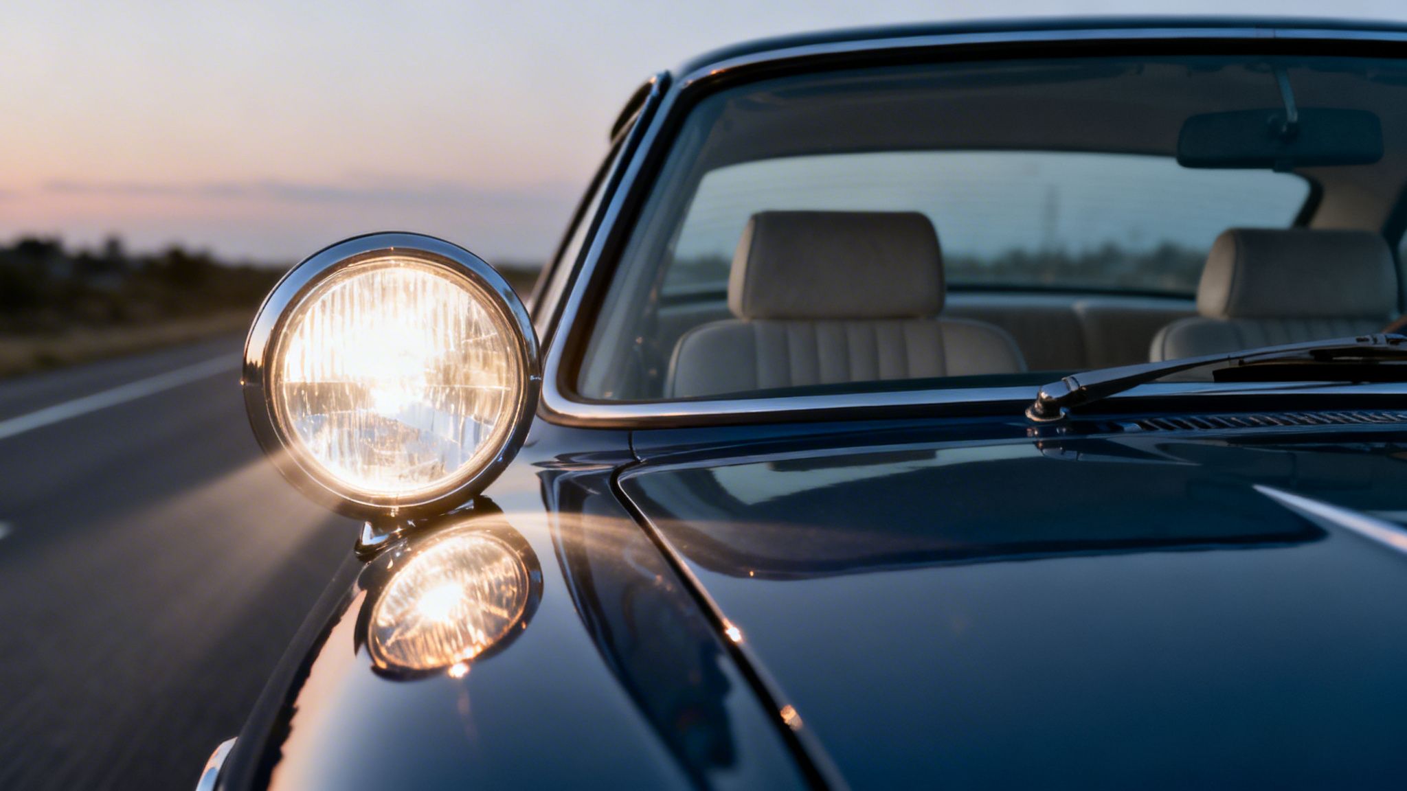 A close-up of a vintage car's bright headlight on a road at dusk, with the car's interior visible.