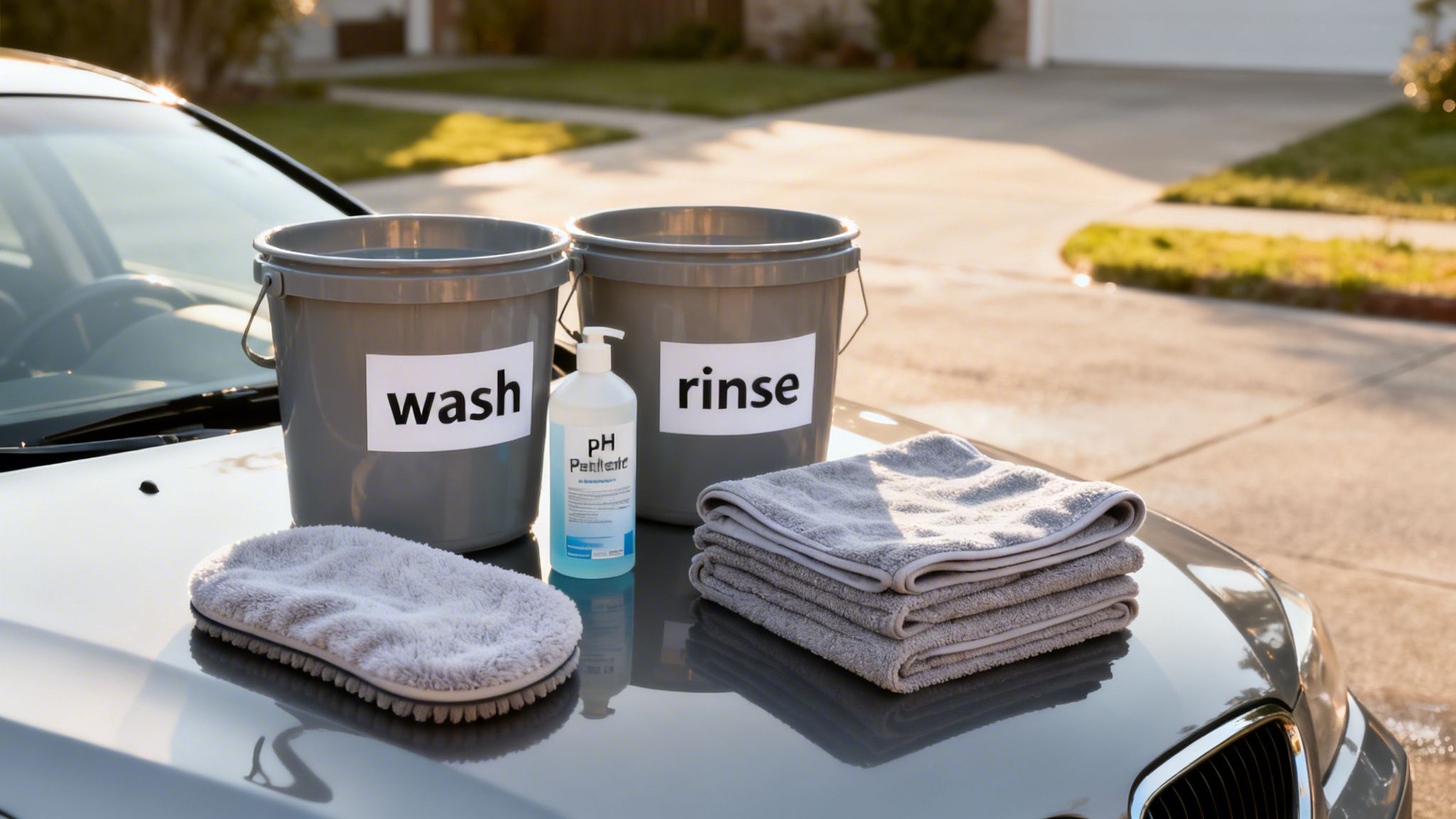 Car washing supplies, including two labeled buckets, soap, a wash mitt, and towels on a car hood.