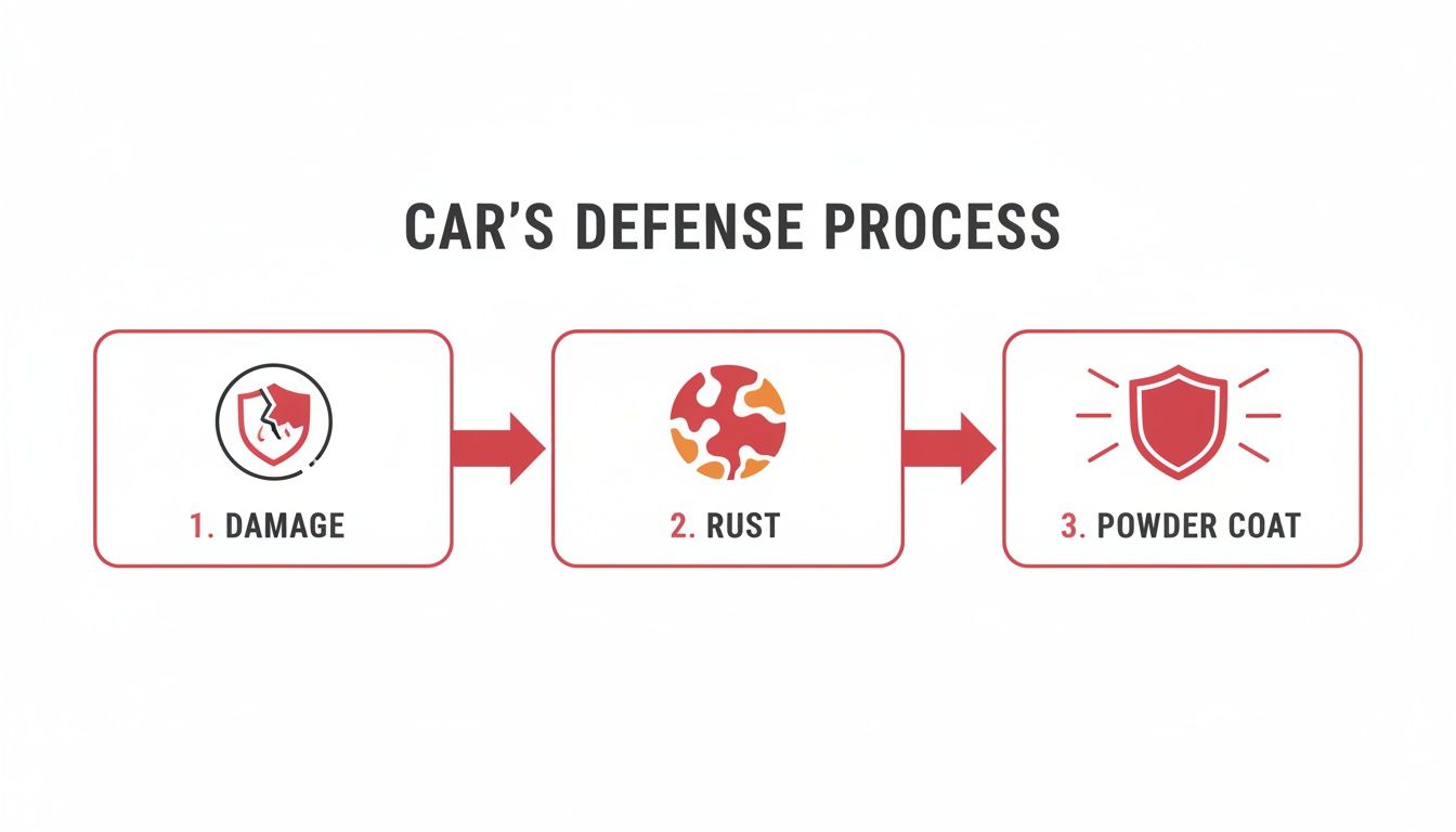 Illustration showing a car's defense process steps: damage, rust formation, and powder coat protection.