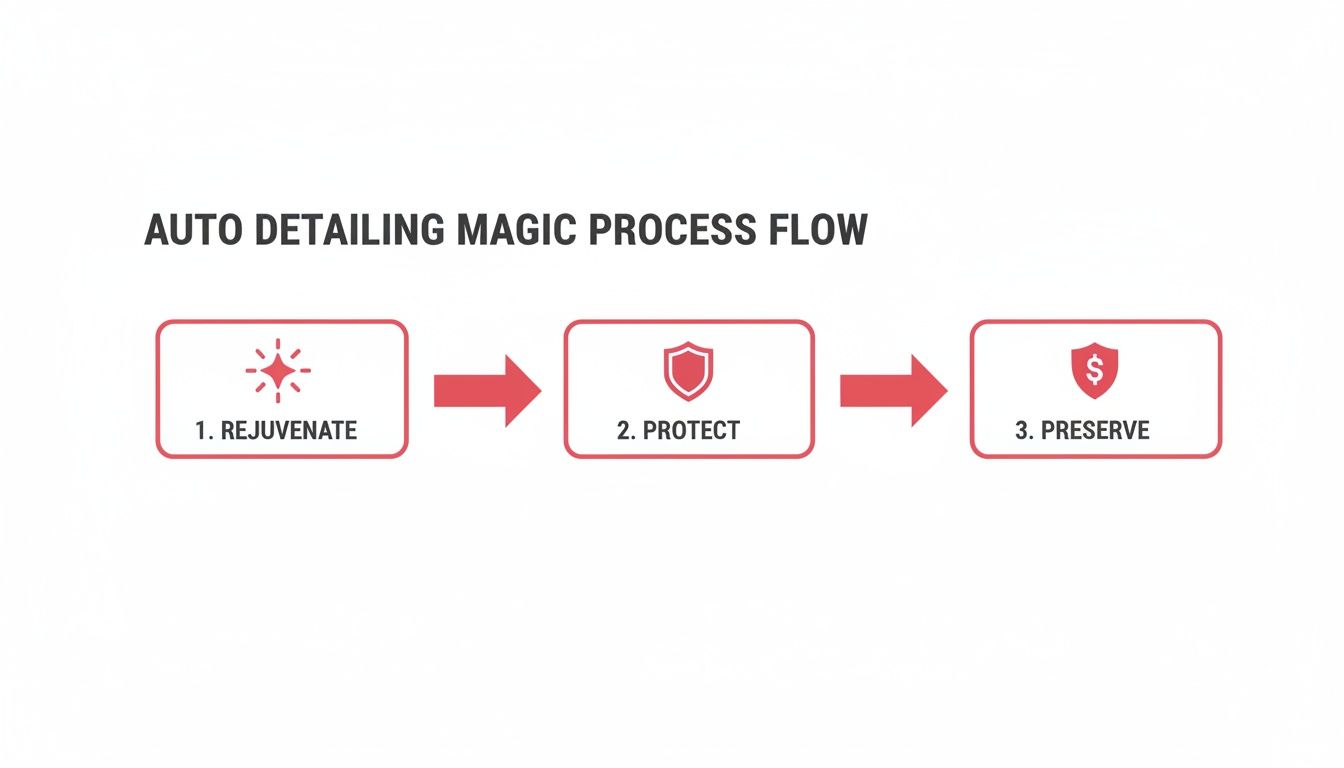 Flowchart showing the auto detailing process: Rejuvenate, Protect, Preserve, with descriptive icons.