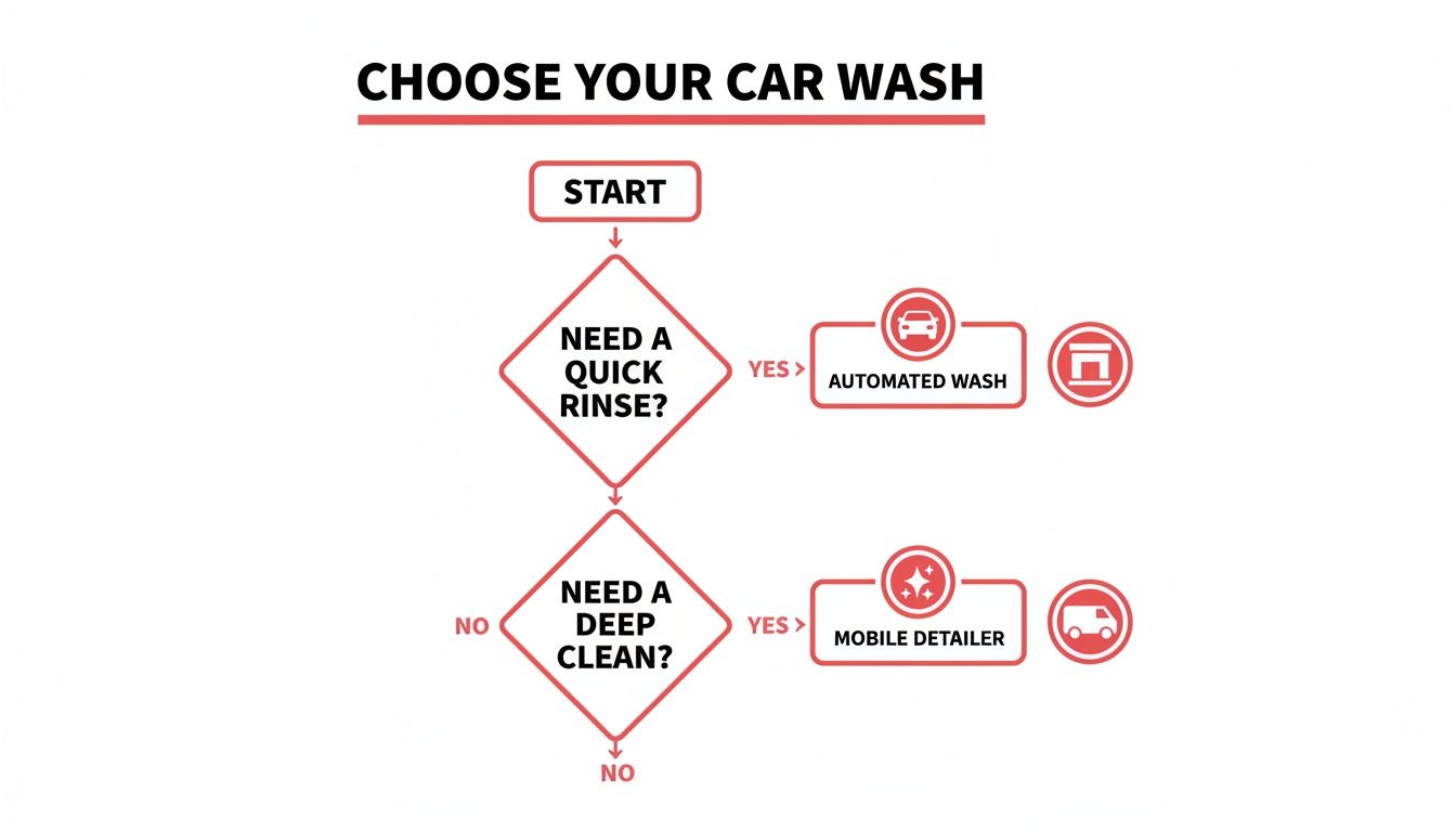 Decision flowchart for choosing a car wash: quick rinse leads to automated, deep clean leads to mobile detailer.