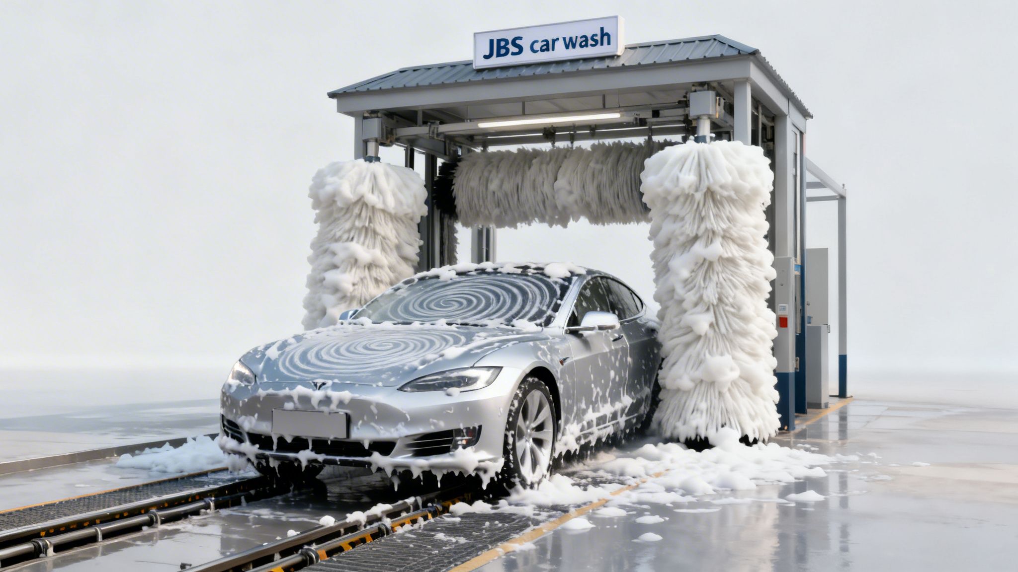 A silver Tesla car, covered in suds and foam, is being cleaned inside a JBS automatic car wash.