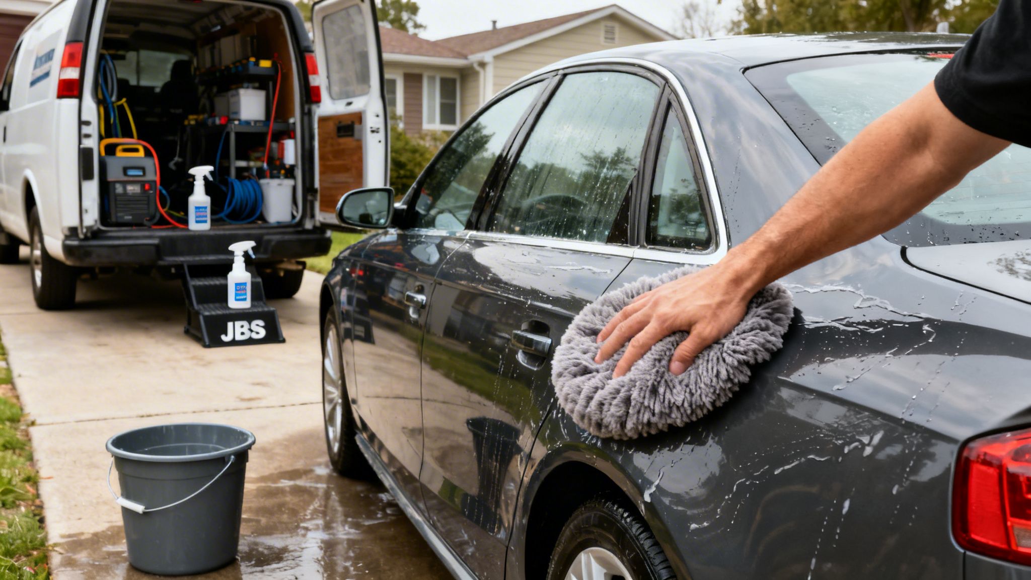 A person's hand washes a dark gray car with a mitt, with a JBS mobile car wash van in the background.