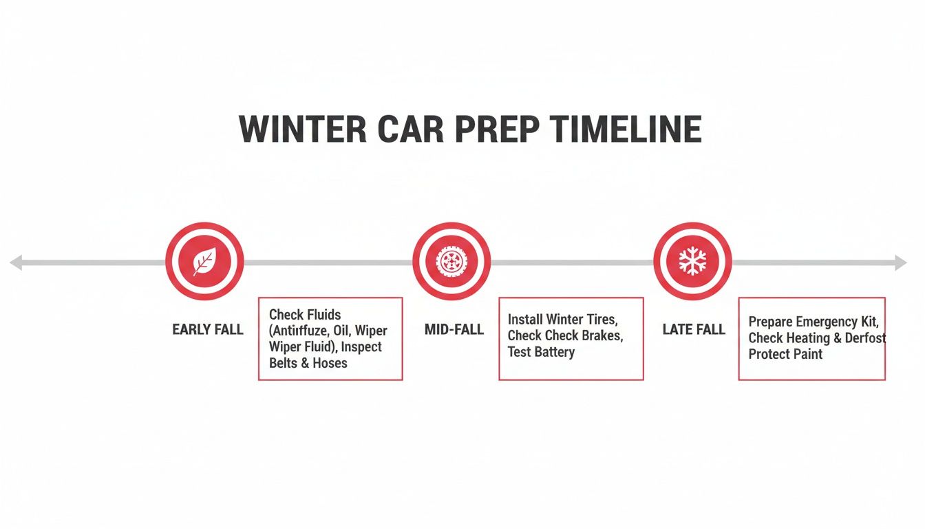 A visual timeline illustrating essential car preparation steps for winter, organized by early, mid, and late fall stages.