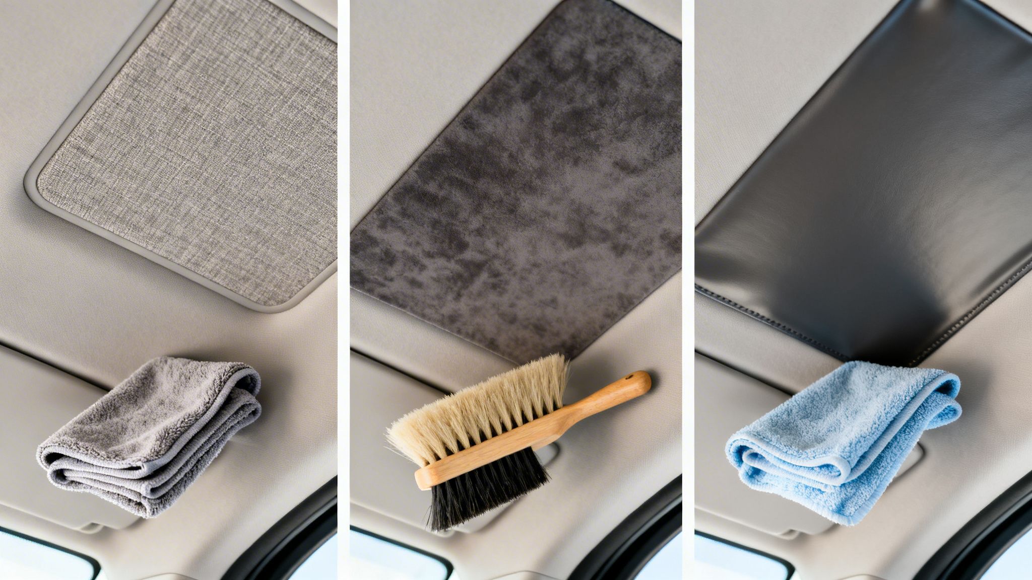 Three close-up views of a car headliner showcasing different textures and cleaning tools.
