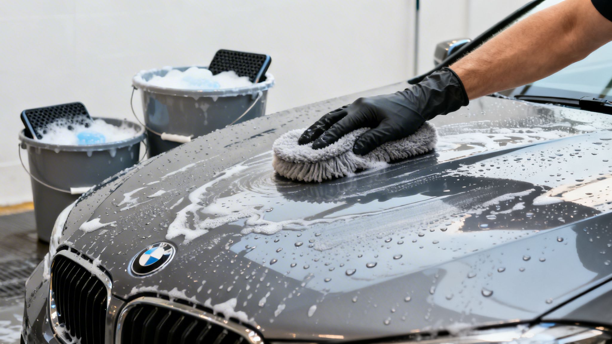 A gloved hand washes a grey BMW car hood with a fluffy wash mitt and soap suds, with wash buckets in the background.