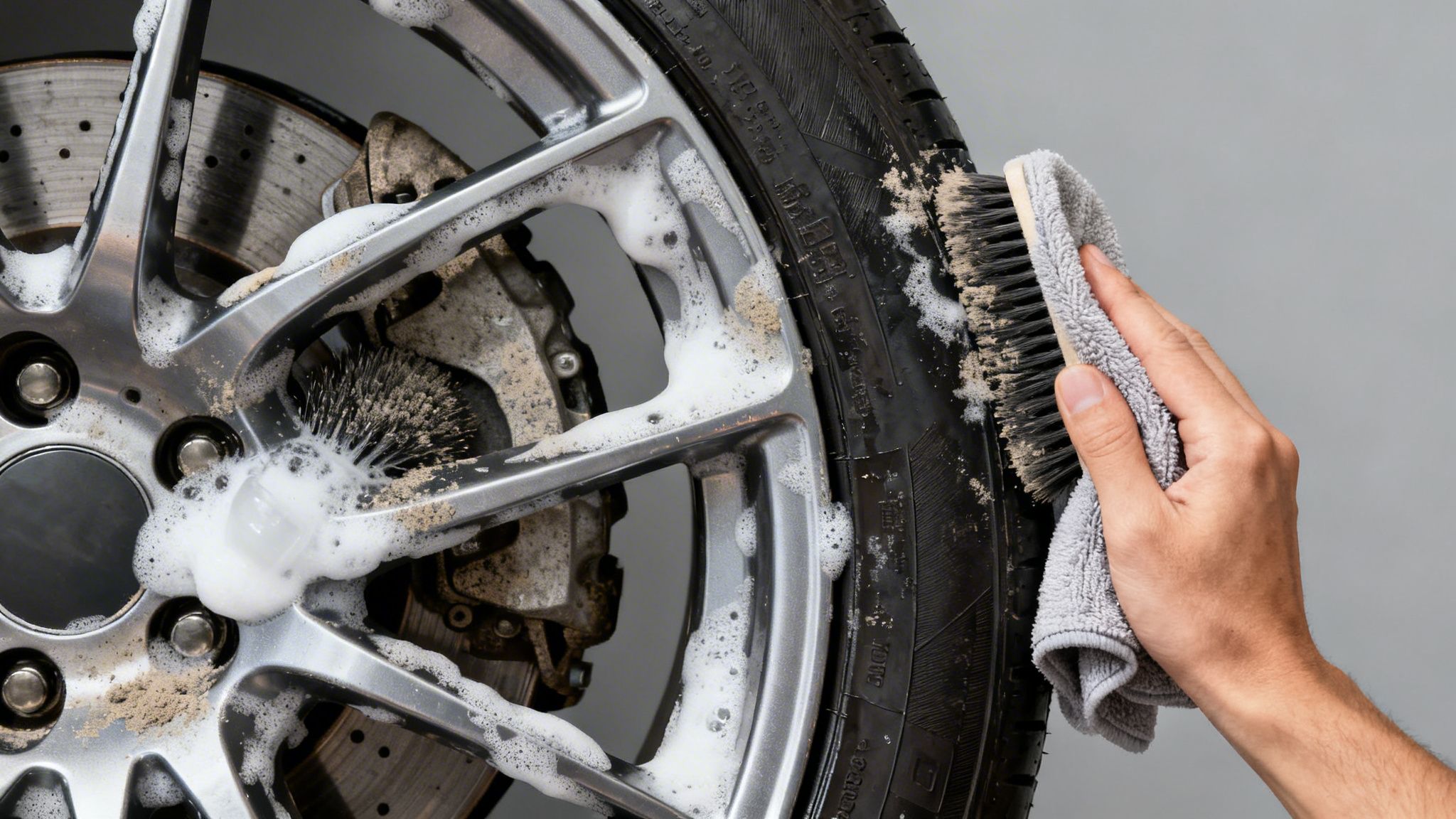 Close-up of a hand using a brush to clean a dirty car wheel and tire with soap.