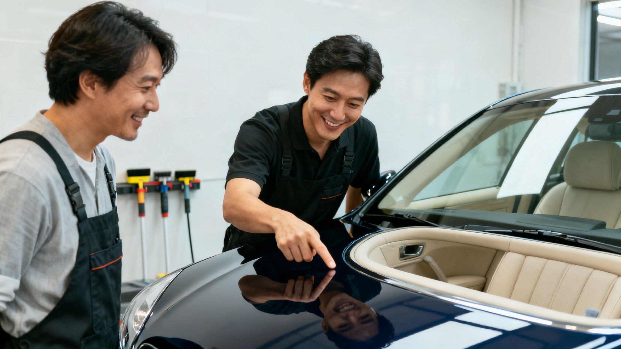 Two smiling auto detailers inspect a shiny dark blue car, one pointing at its hood.