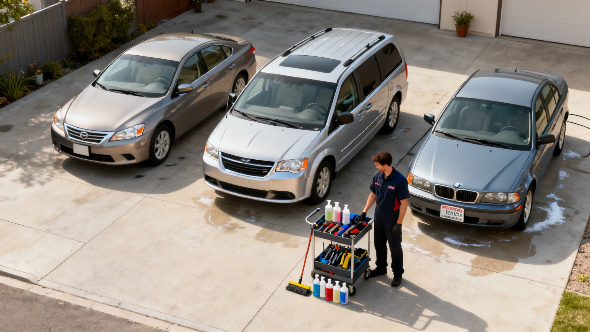 An overhead view of a car detailer with a cart preparing to wash three vehicles in a driveway.