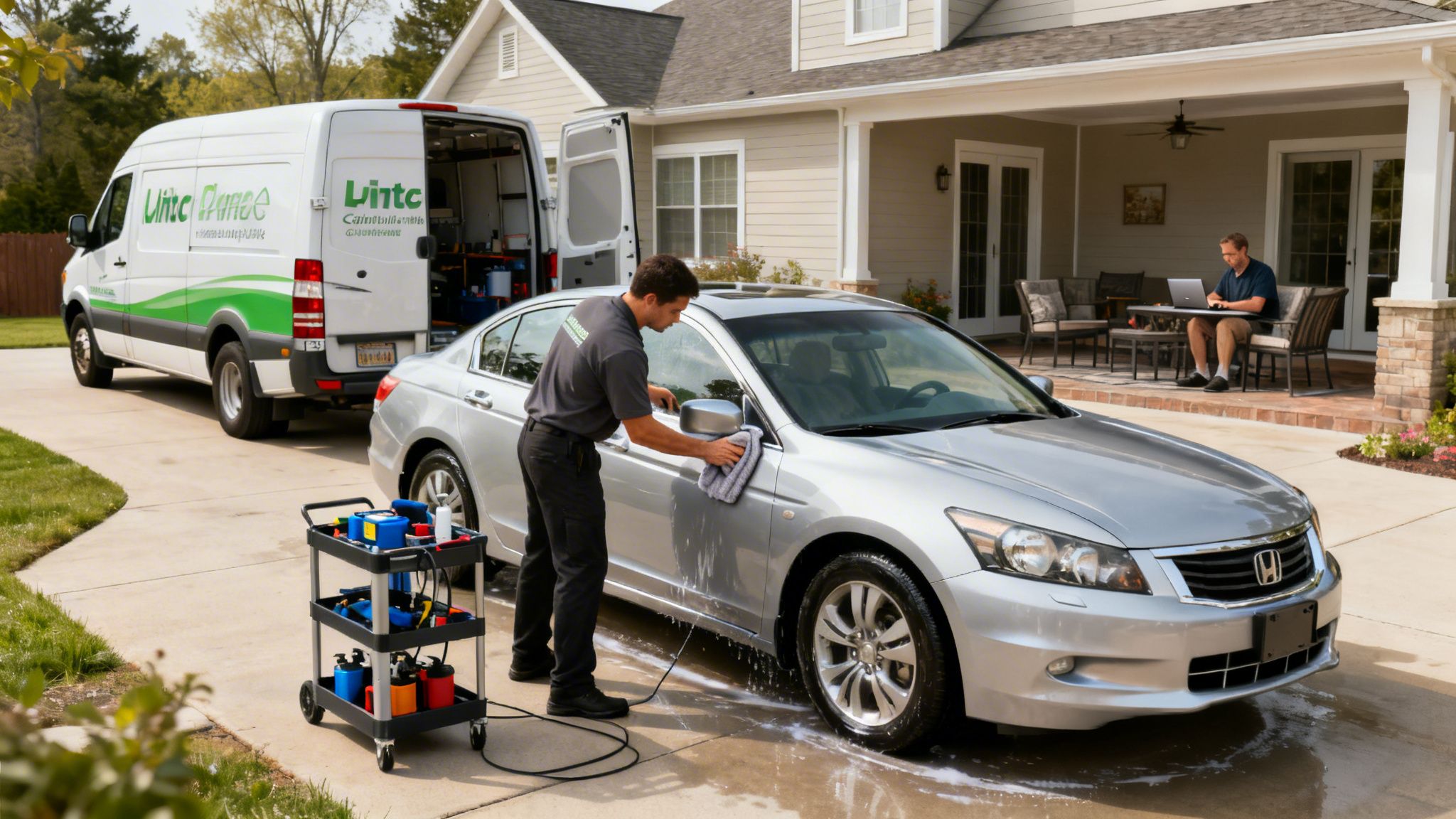 A professional detailer washes a silver car in a driveway with a service van nearby.