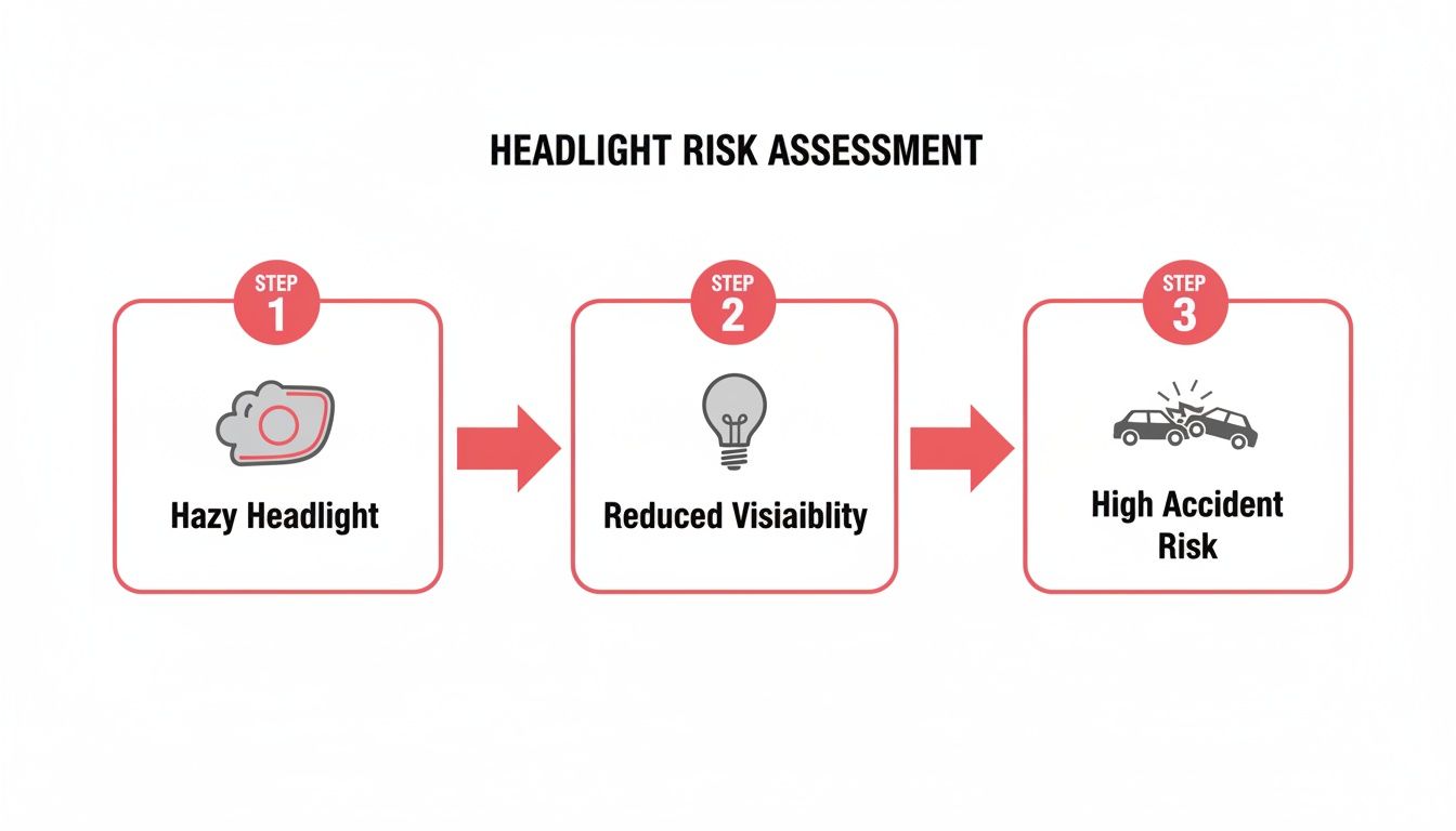 A three-step diagram illustrates how hazy headlights cause reduced visibility, increasing accident risk.