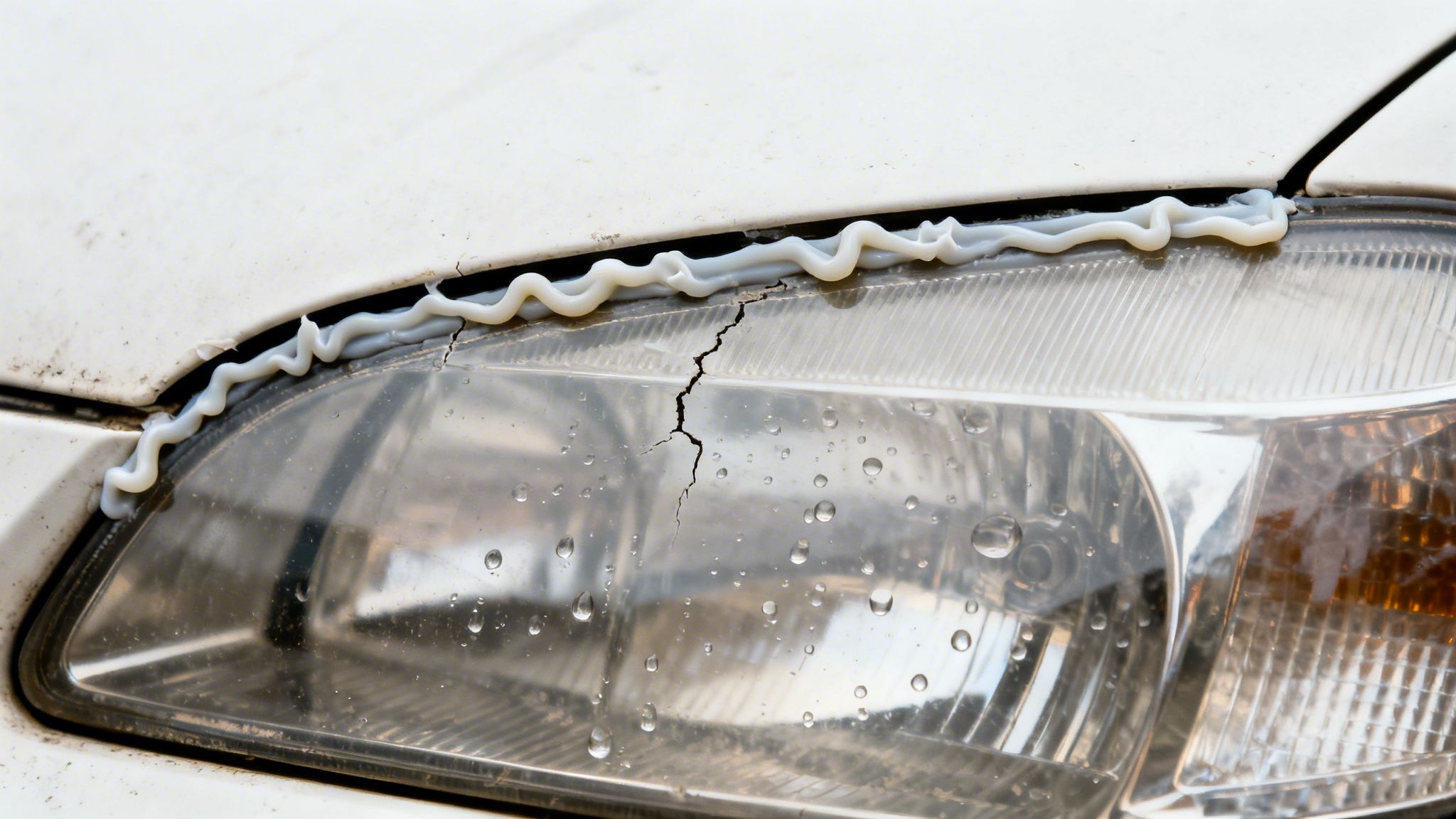 Close-up of a cracked car headlight with water droplets and white sealant along the edge.