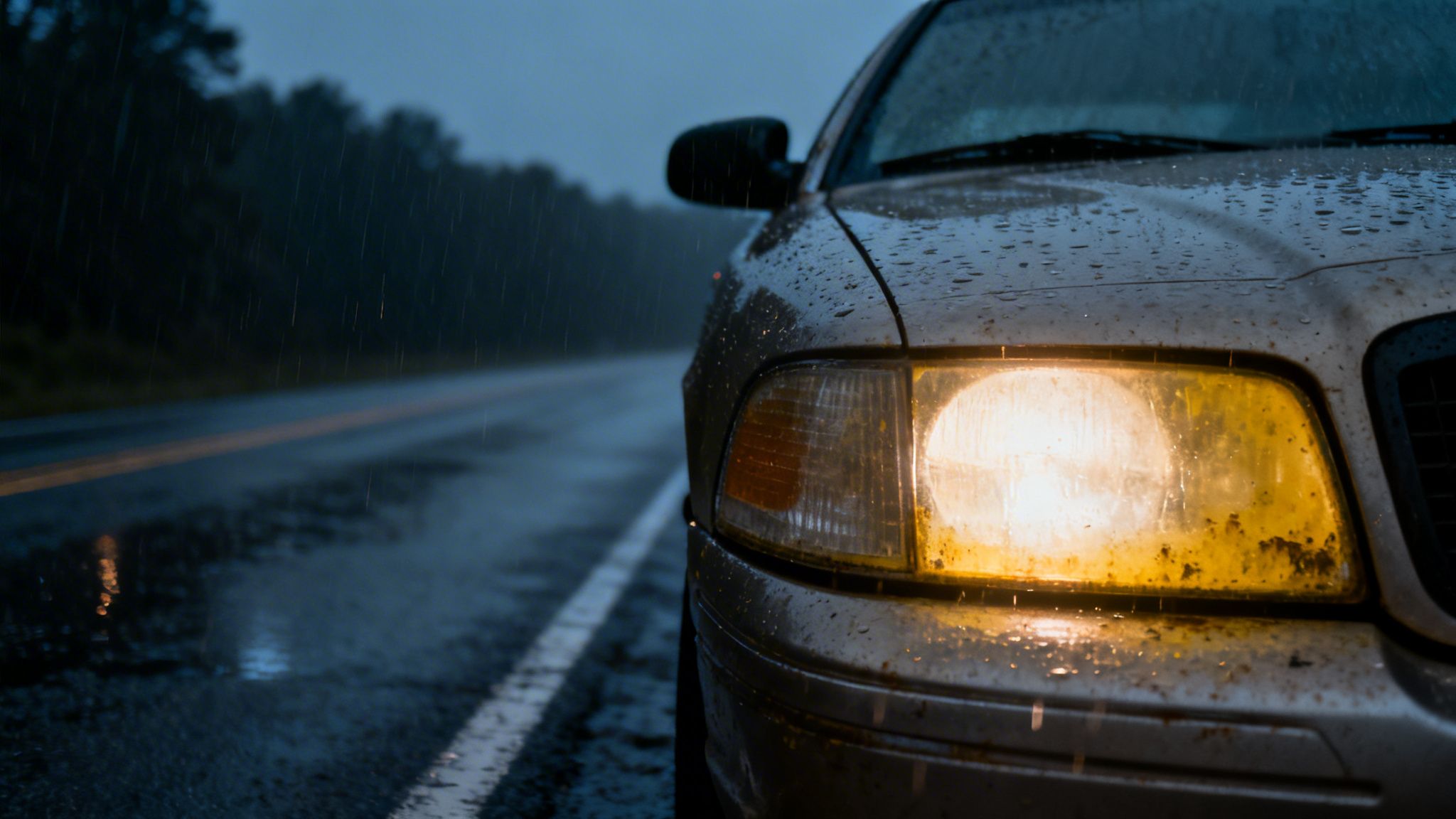Close-up of a car's illuminated yellow headlight in heavy rain on a wet road at dusk.