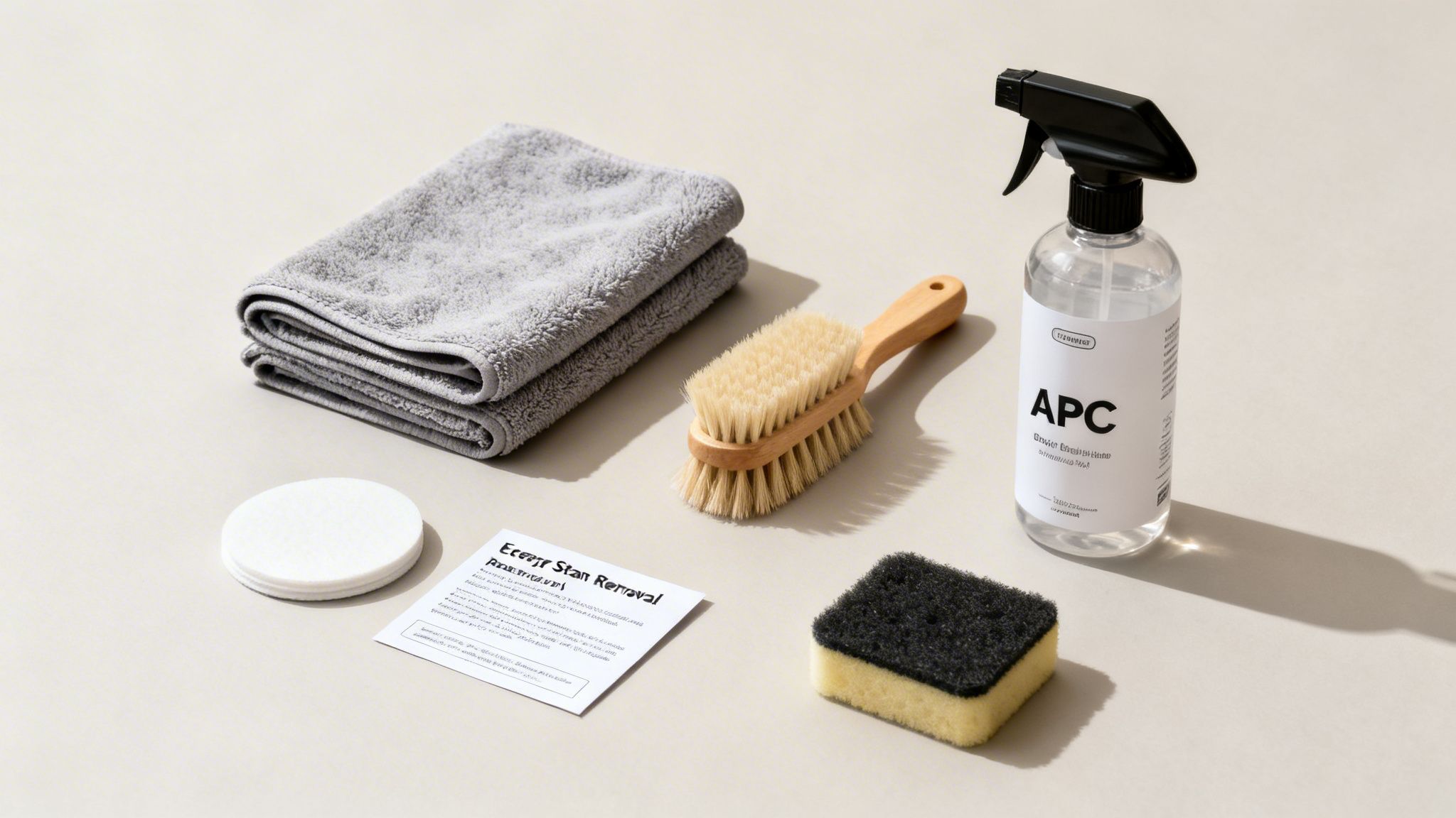 A complete car cleaning kit featuring towels, brushes, a spray bottle of APC, pads, and sponges.