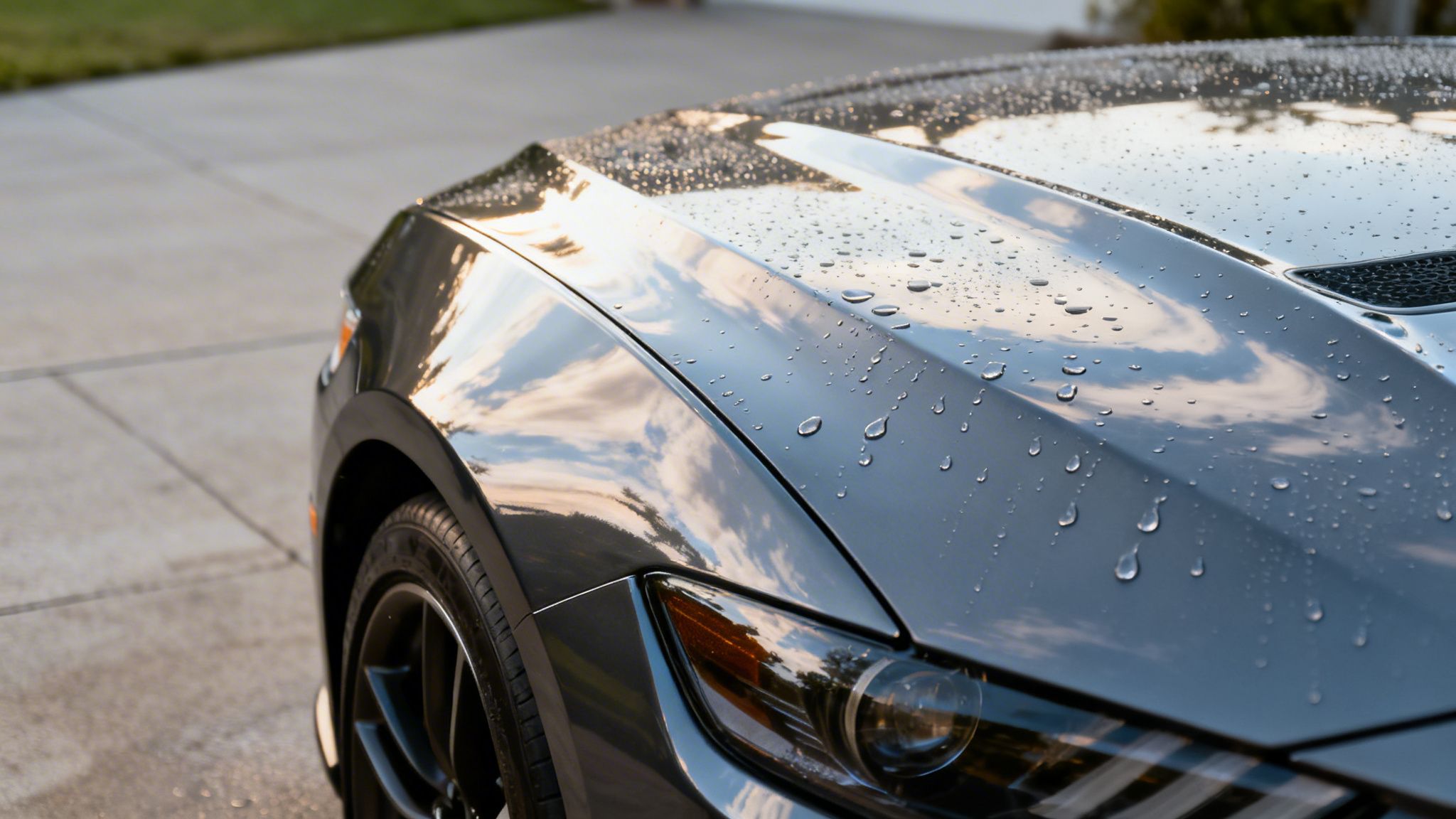 Close-up of a dark grey car's hood and fender covered in water beads, reflecting the sky.