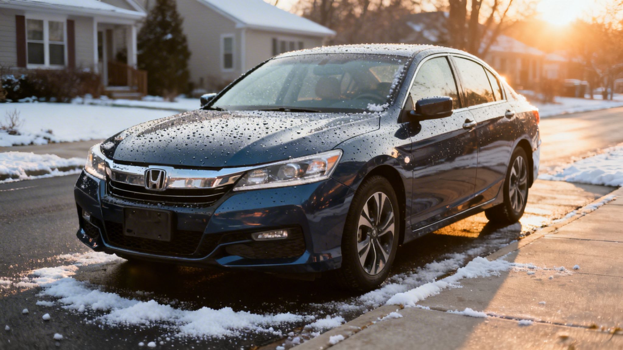 A dark blue Honda Accord covered in snow and water droplets, parked on a winter street at sunset.