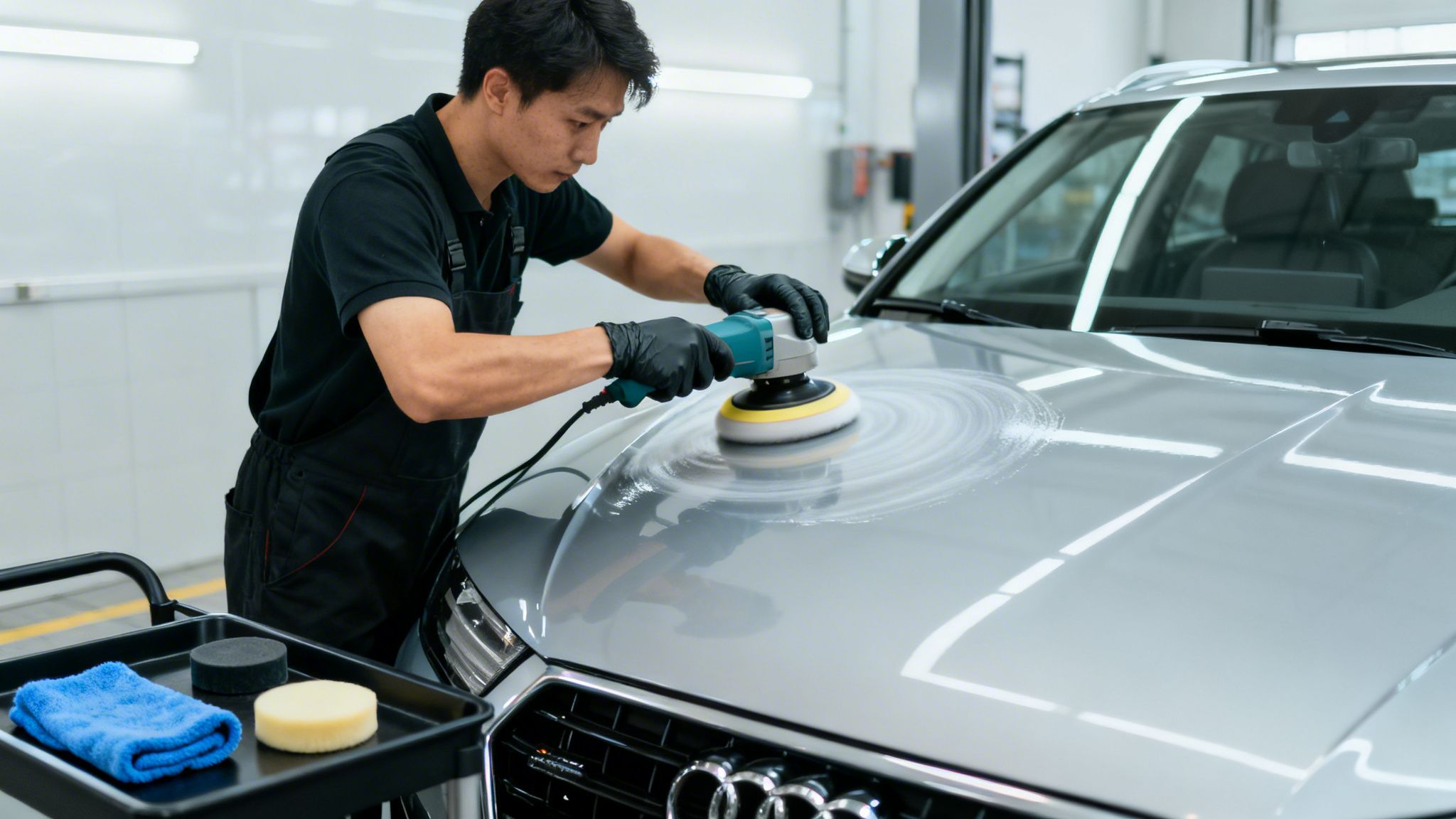 Professional car detailer in gloves using an orbital polisher on a silver car's hood.