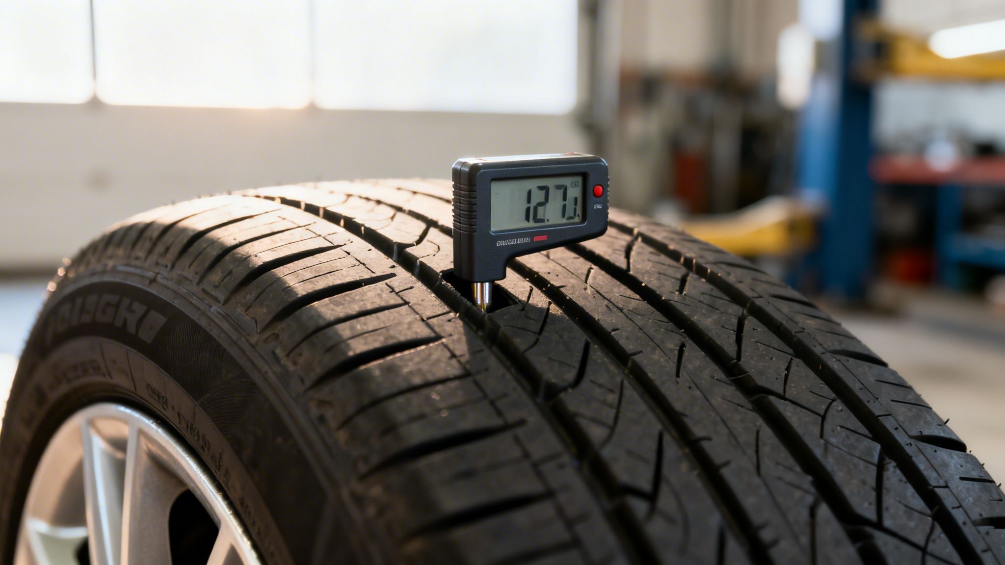 A technician checking the tire pressure on a vehicle as part of a fleet maintenance checklist.