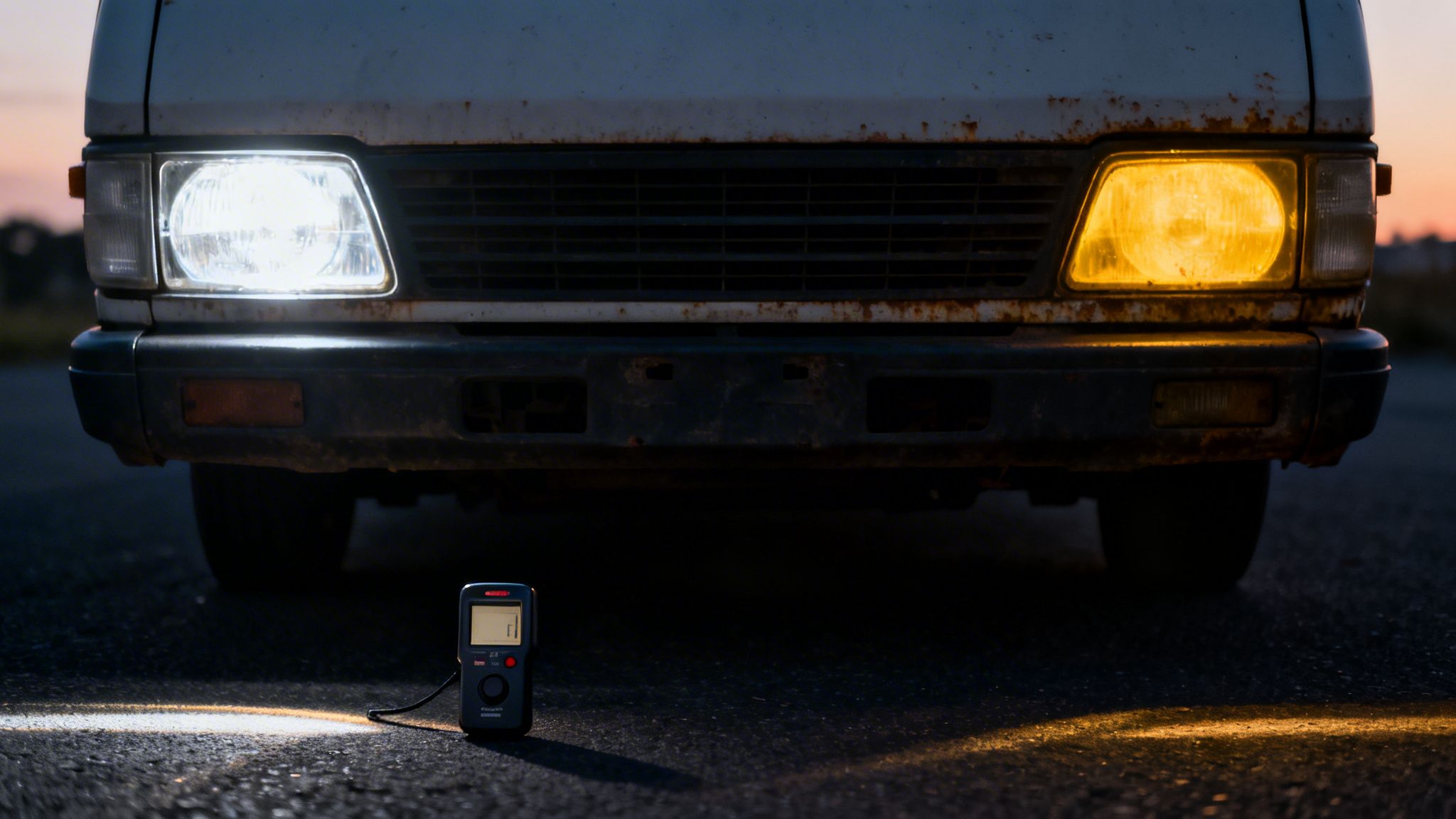 A detailed close-up shot of a modern vehicle's headlight, with a mechanic's gloved hand wiping it clean, highlighting the importance of clarity.