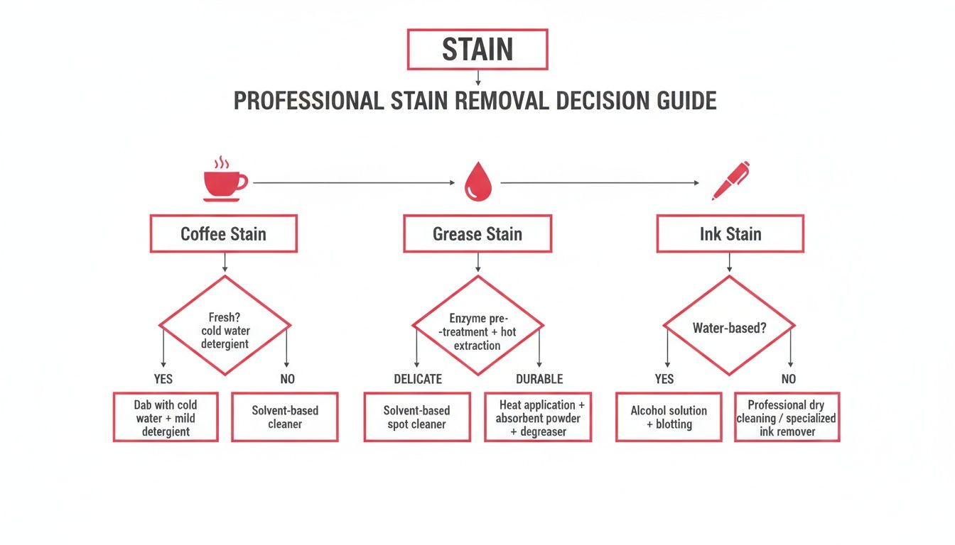A professional stain removal decision guide flowchart for coffee, grease, and ink stains.