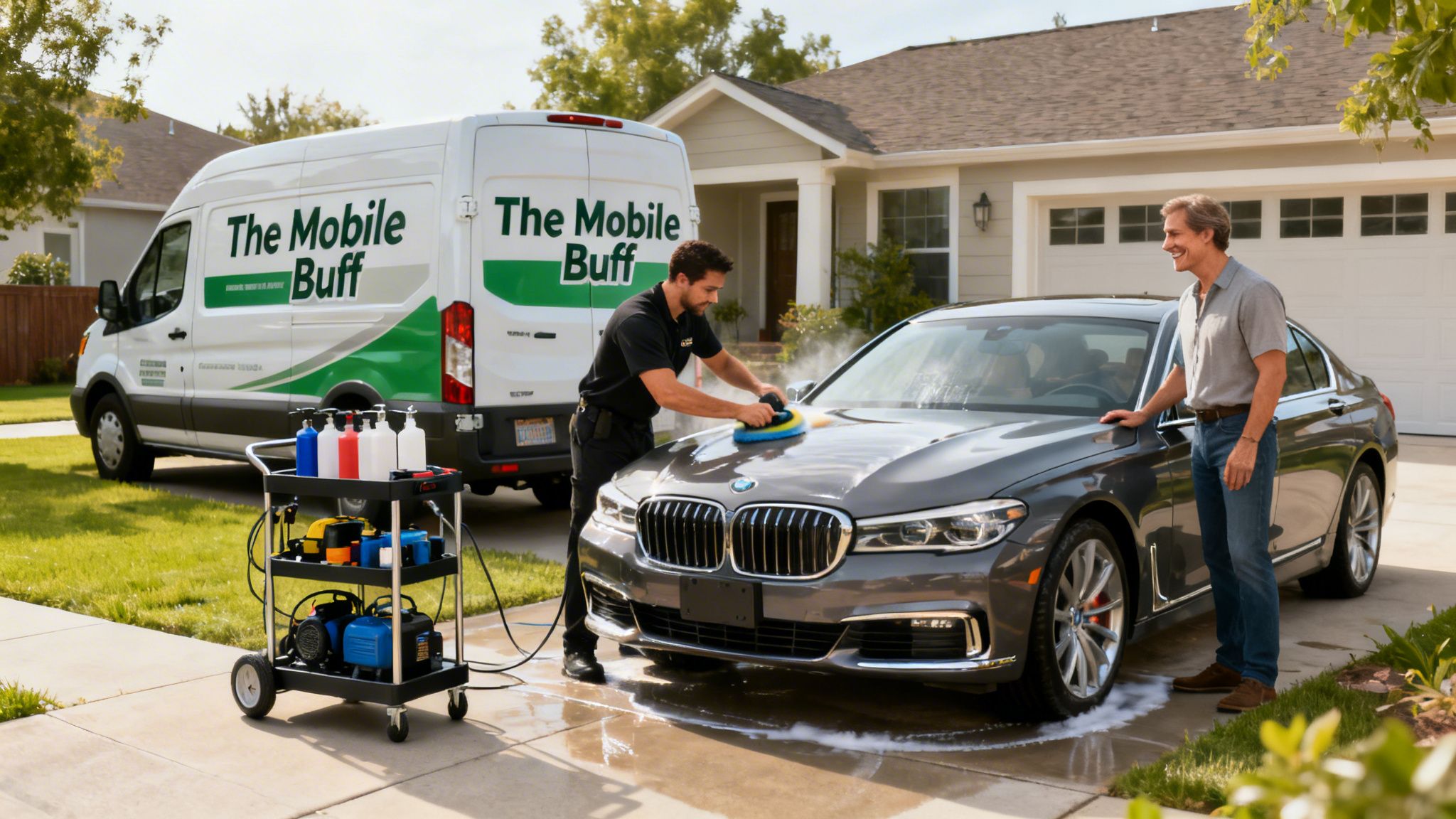 A professional car detailer washing a grey BMW in a driveway, with a customer watching and a mobile detailing van.