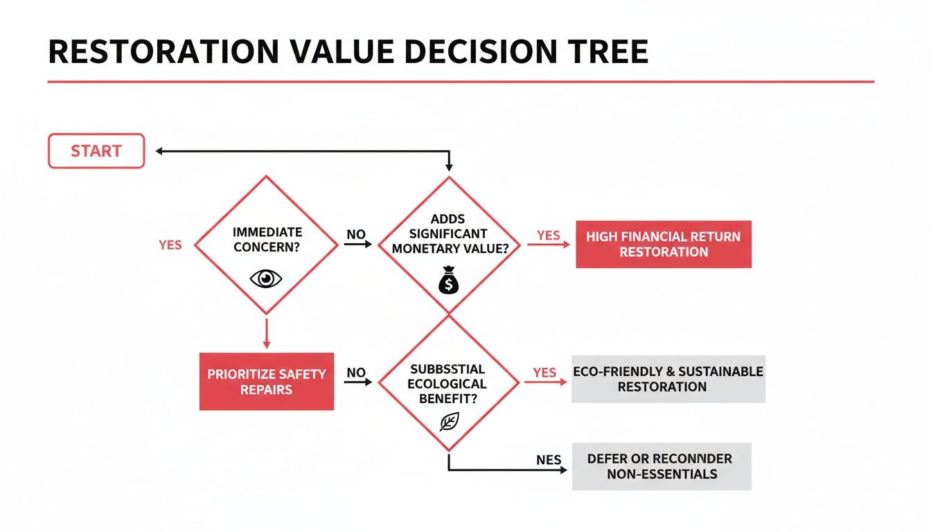 A flowchart illustrates a restoration value decision tree, evaluating immediate concern, monetary value, and ecological benefit.