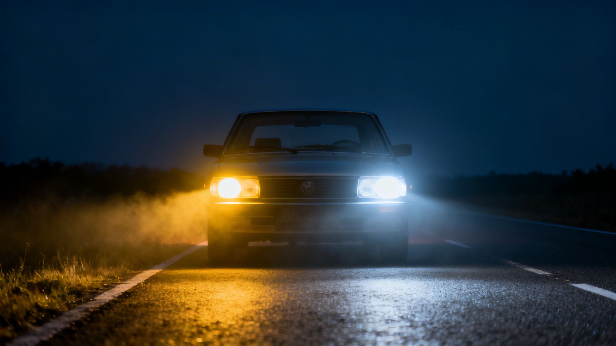 A car on a dark, wet road at night, showcasing one yellow and one white headlight.