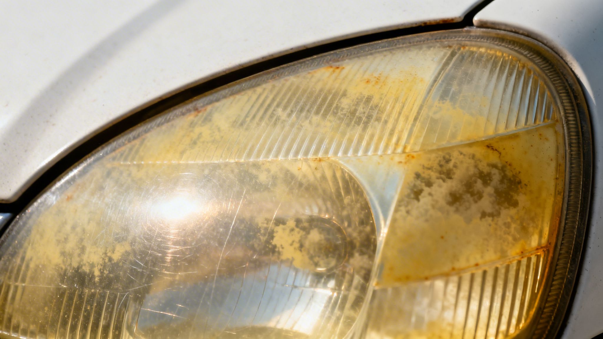 Close-up of a severely yellowed, cloudy, and oxidized car headlight with rust and scratches.