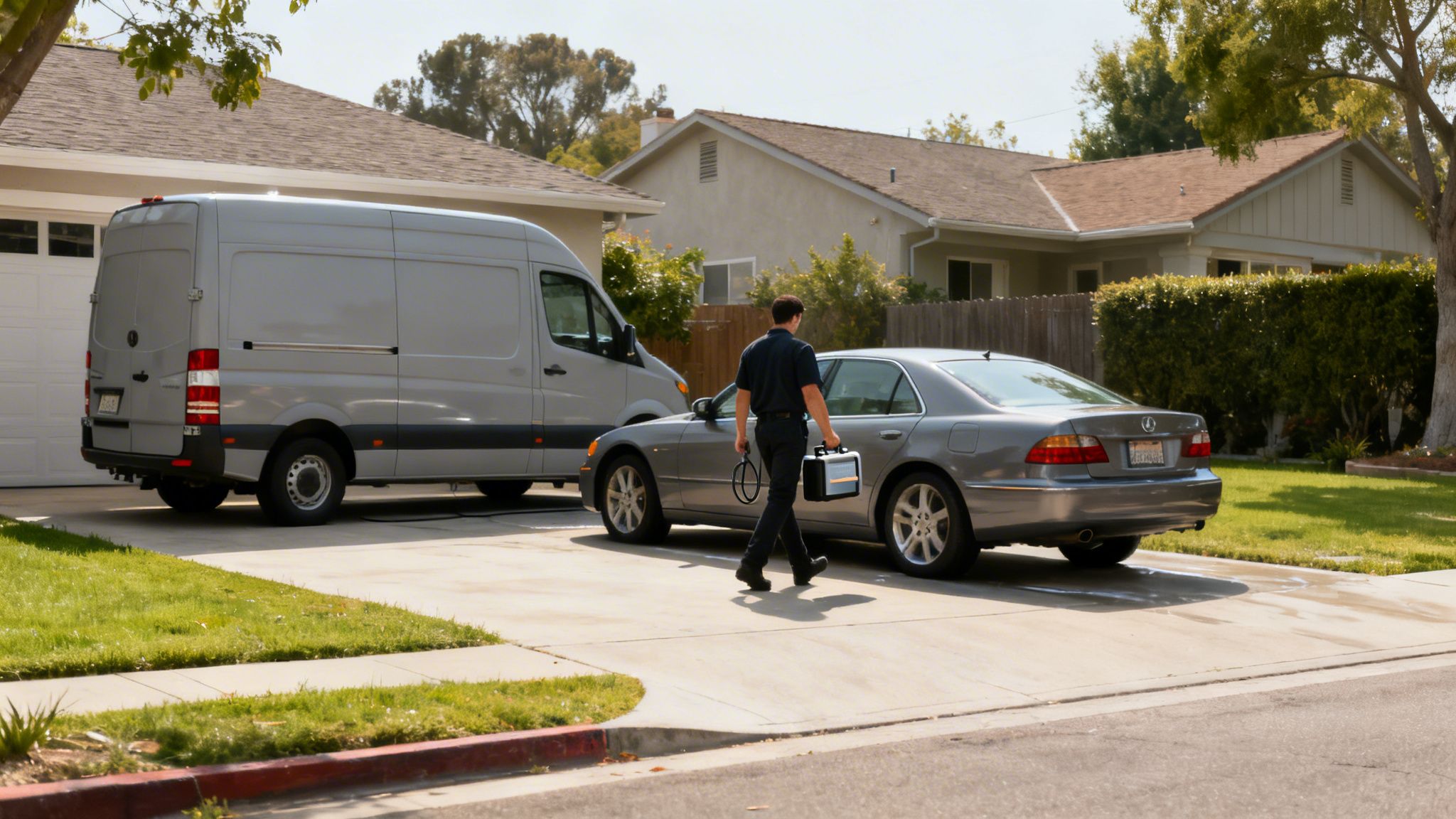Technician carrying a diagnostic tool approaches a gray car, with a service van behind it.