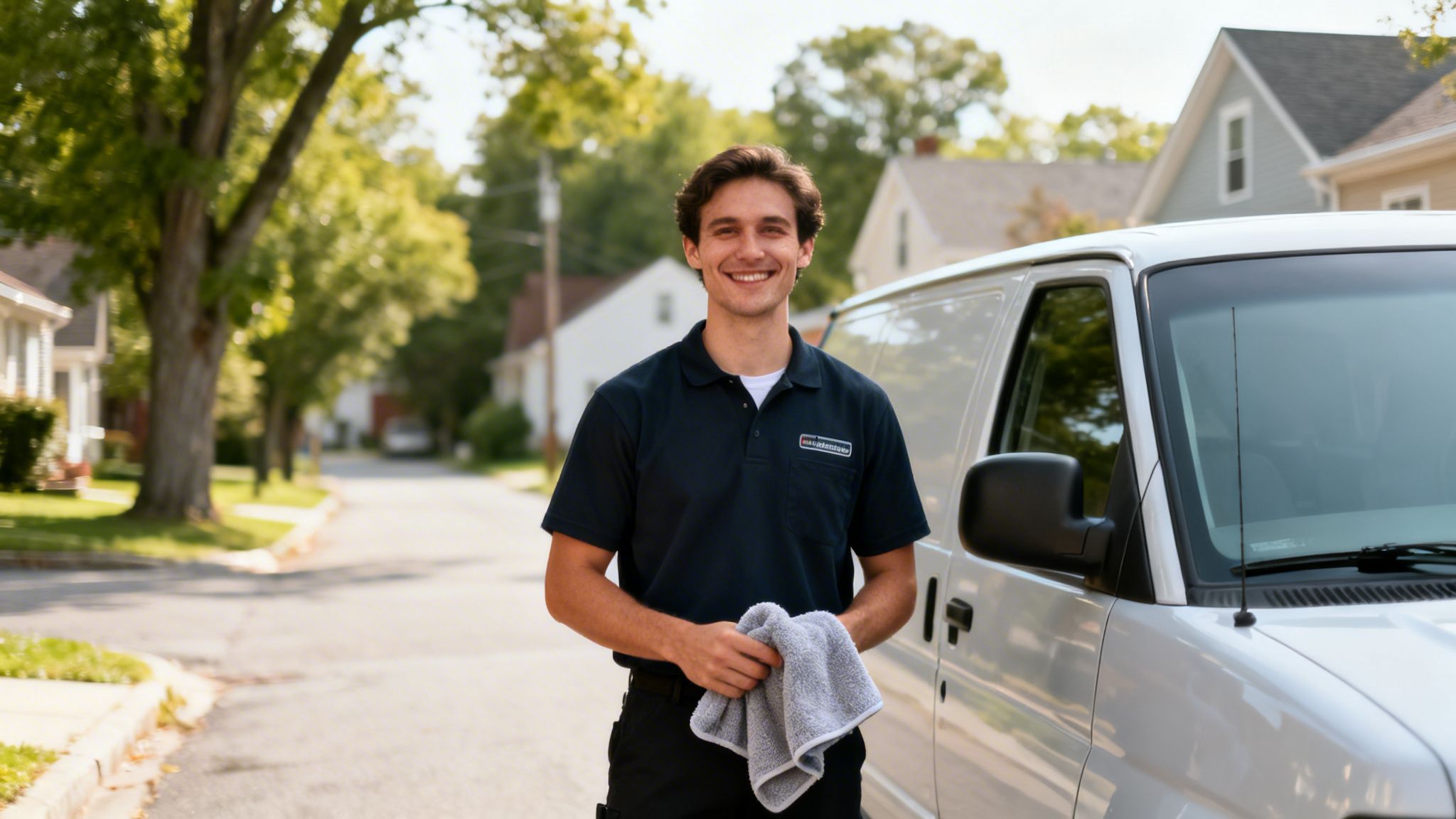 A smiling male car detailer stands next to a white van, holding a towel on a residential street.