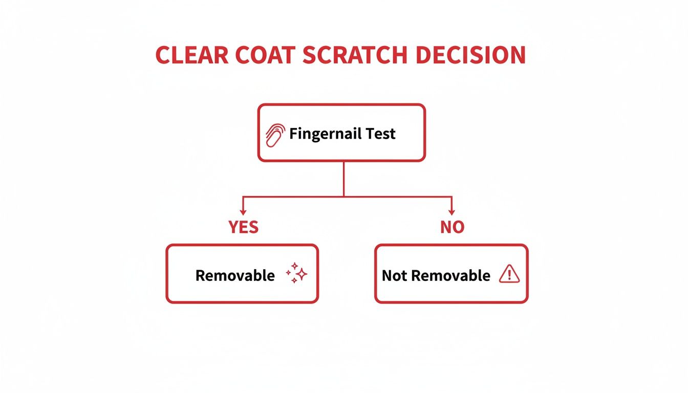 Flowchart detailing clear coat scratch decision, using a fingernail test to determine if scratches are removable.