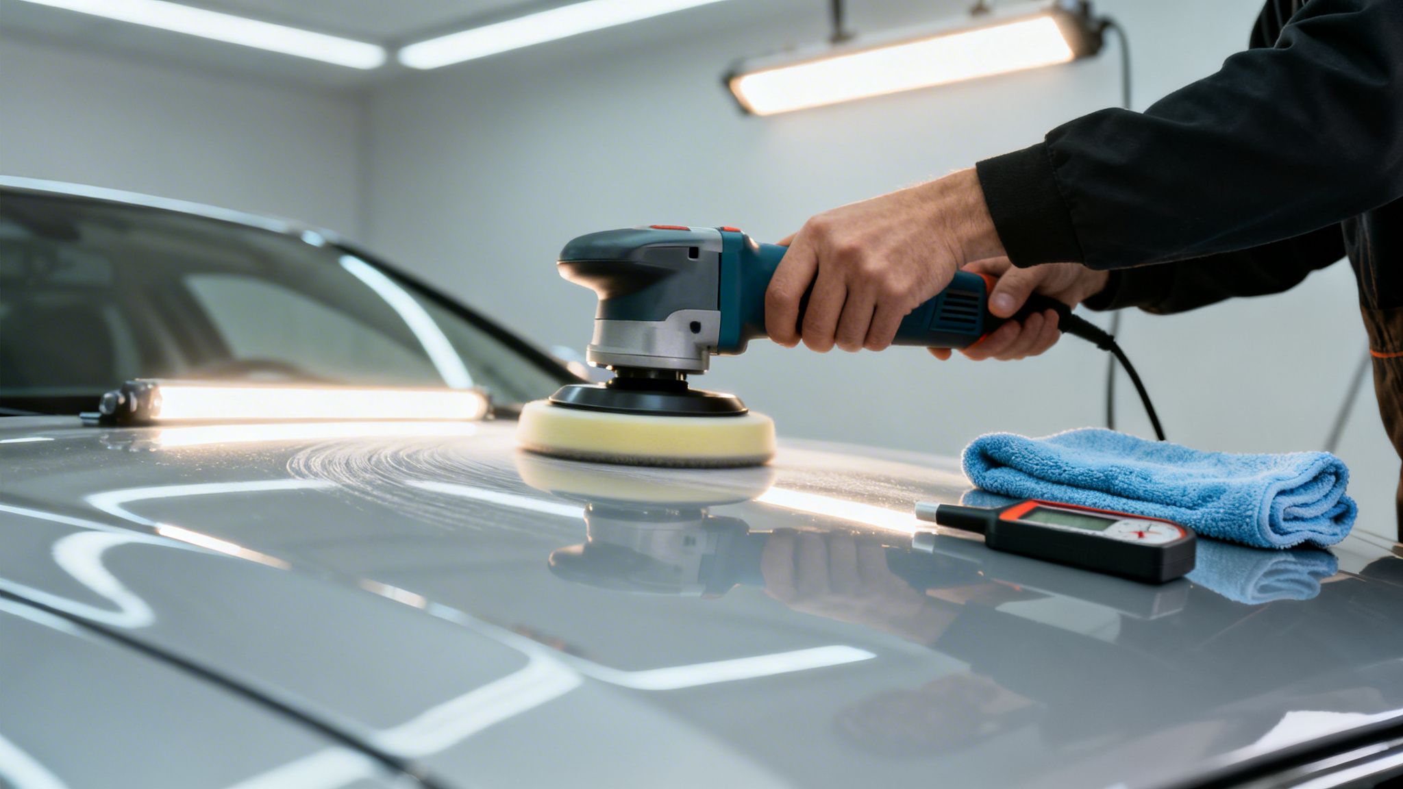 Close-up of a person's hands using an orbital polisher to detail a grey car hood.