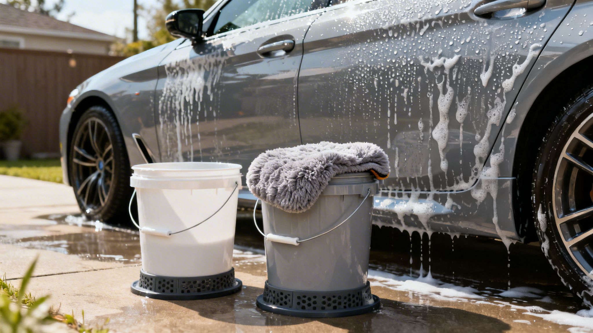A grey car covered in soap suds with two buckets and a washing mitt on a driveway.