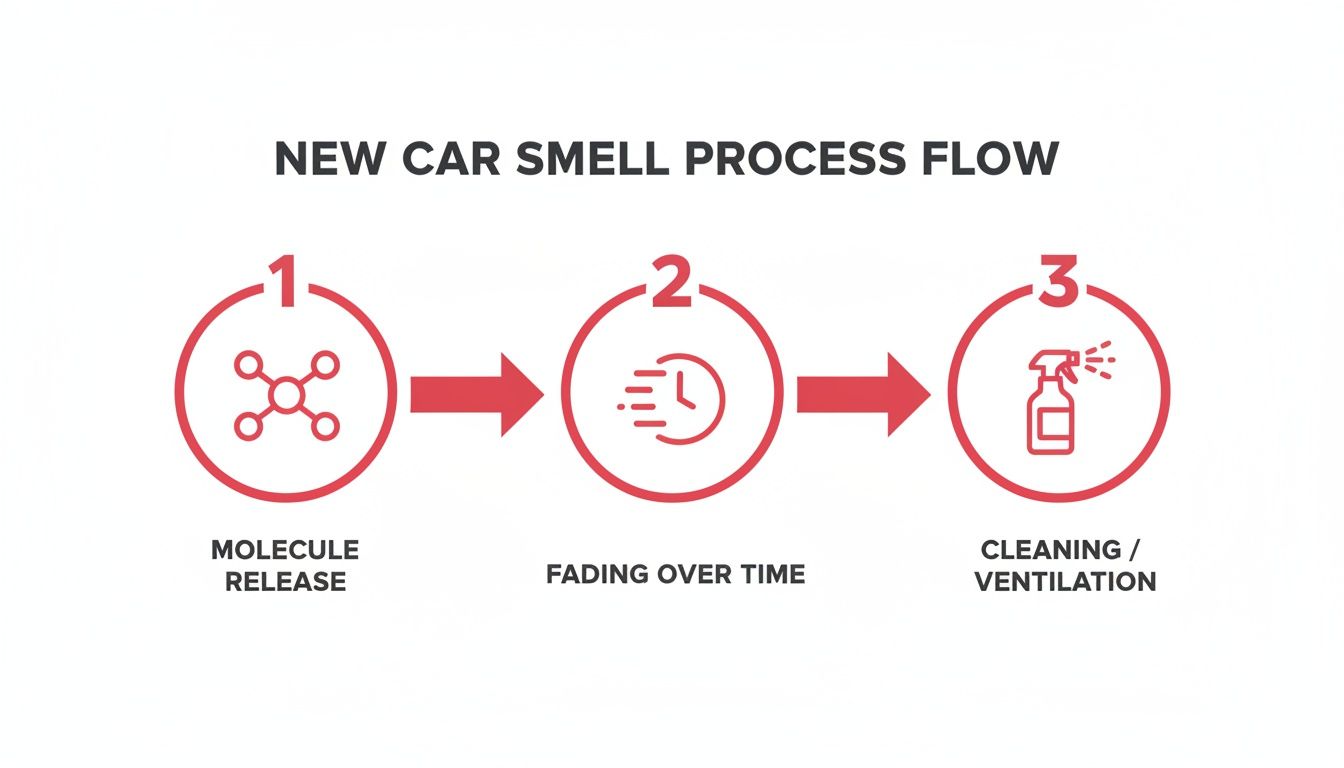 Infographic showing the new car smell process flow with three steps: molecule release, fading, and cleaning.