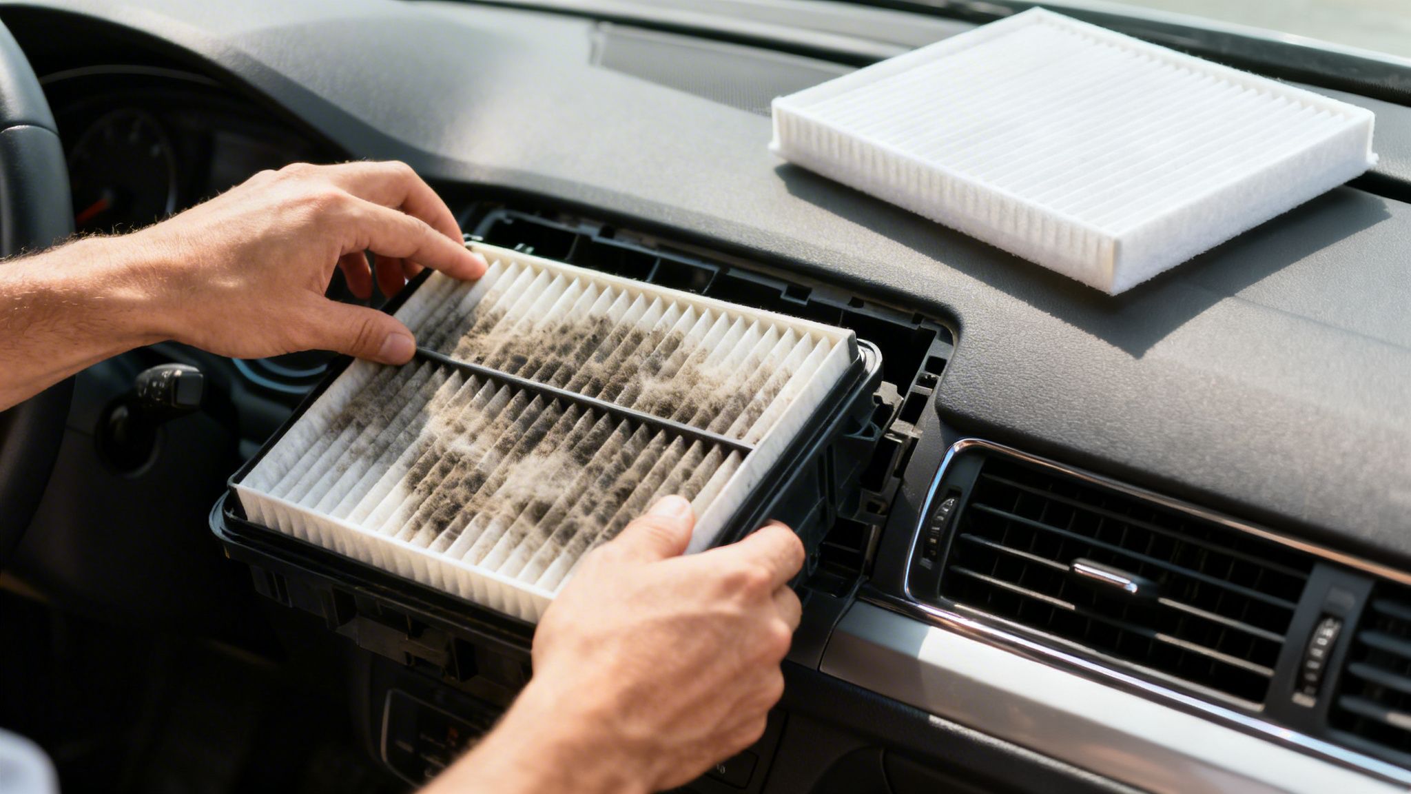 Hands removing a clogged air filter from a car's dashboard, showing a new filter ready.