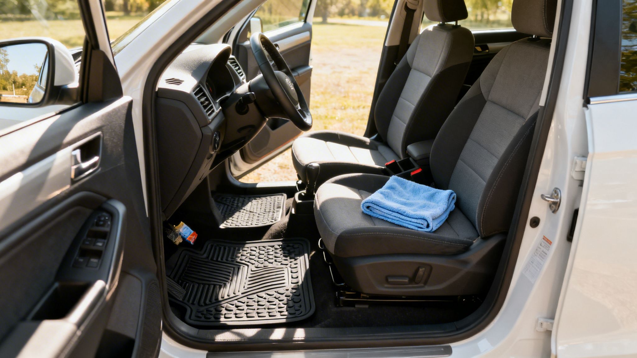 Clean car interior with open door, showing grey seats, dashboard, black floor mats, and a blue towel.