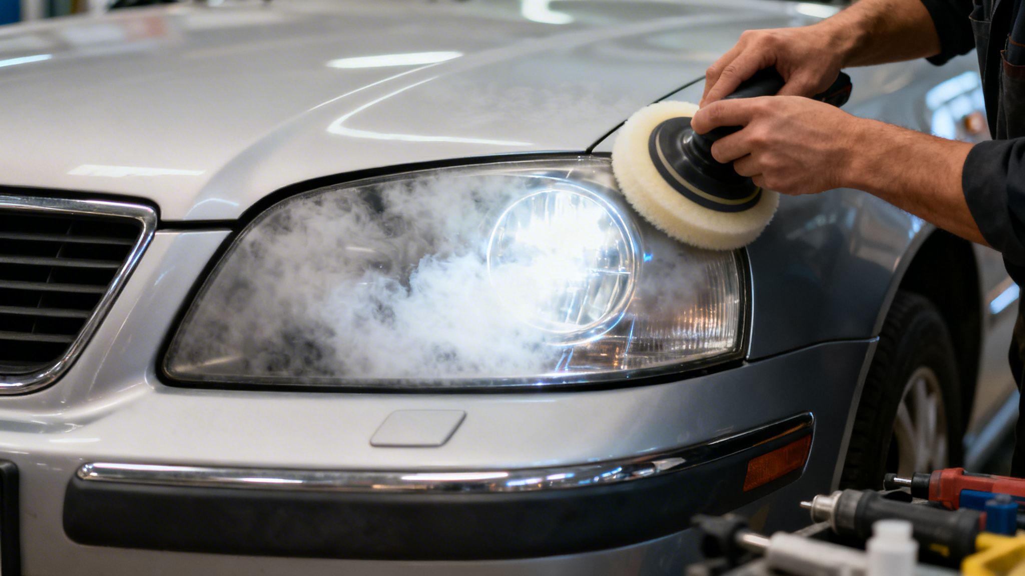 A mechanic's hands are polishing a car headlight with a specialized buffing tool, creating steam.