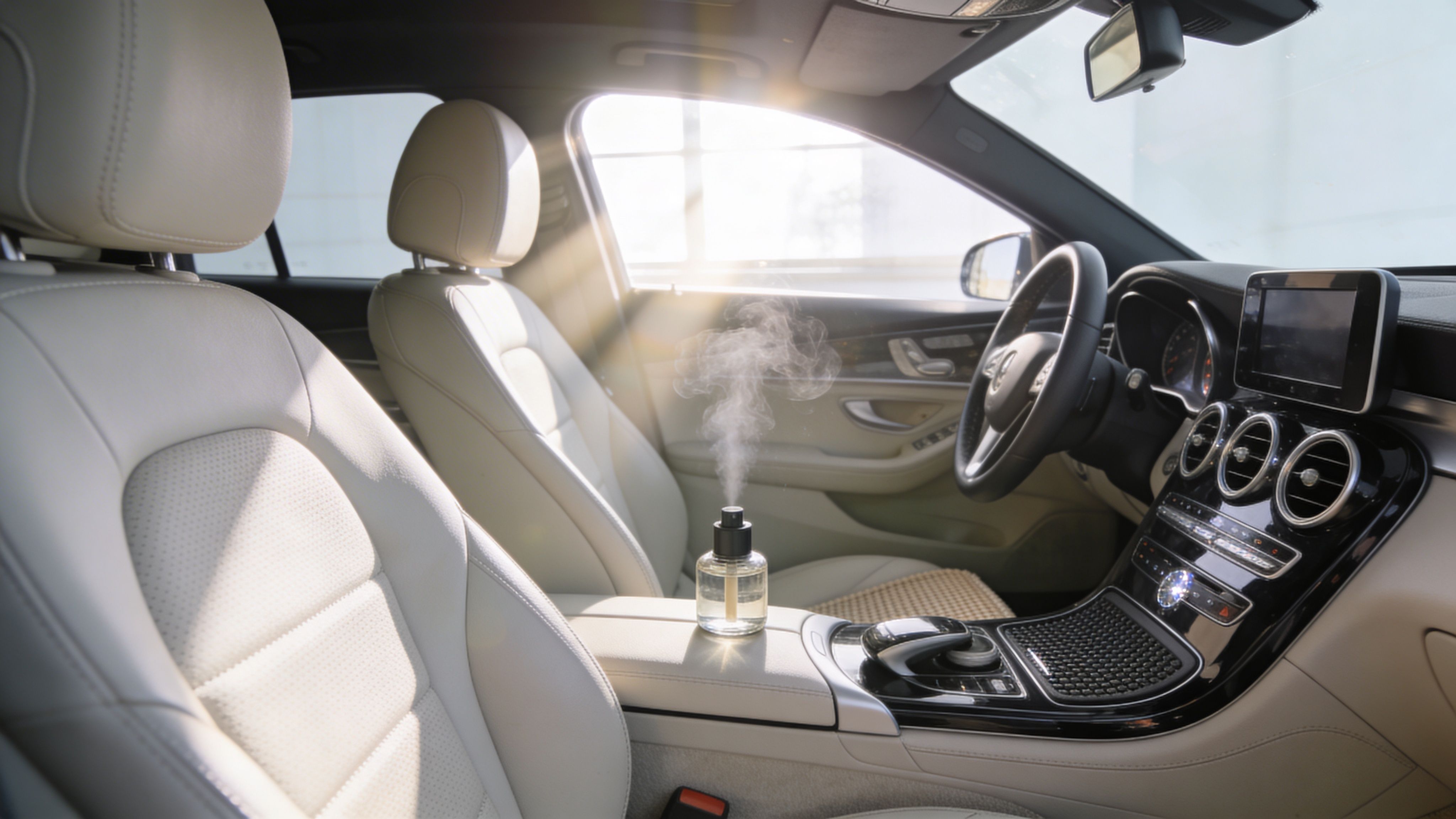 An aroma diffuser sits on the center console of a luxury car interior with white leather seats.