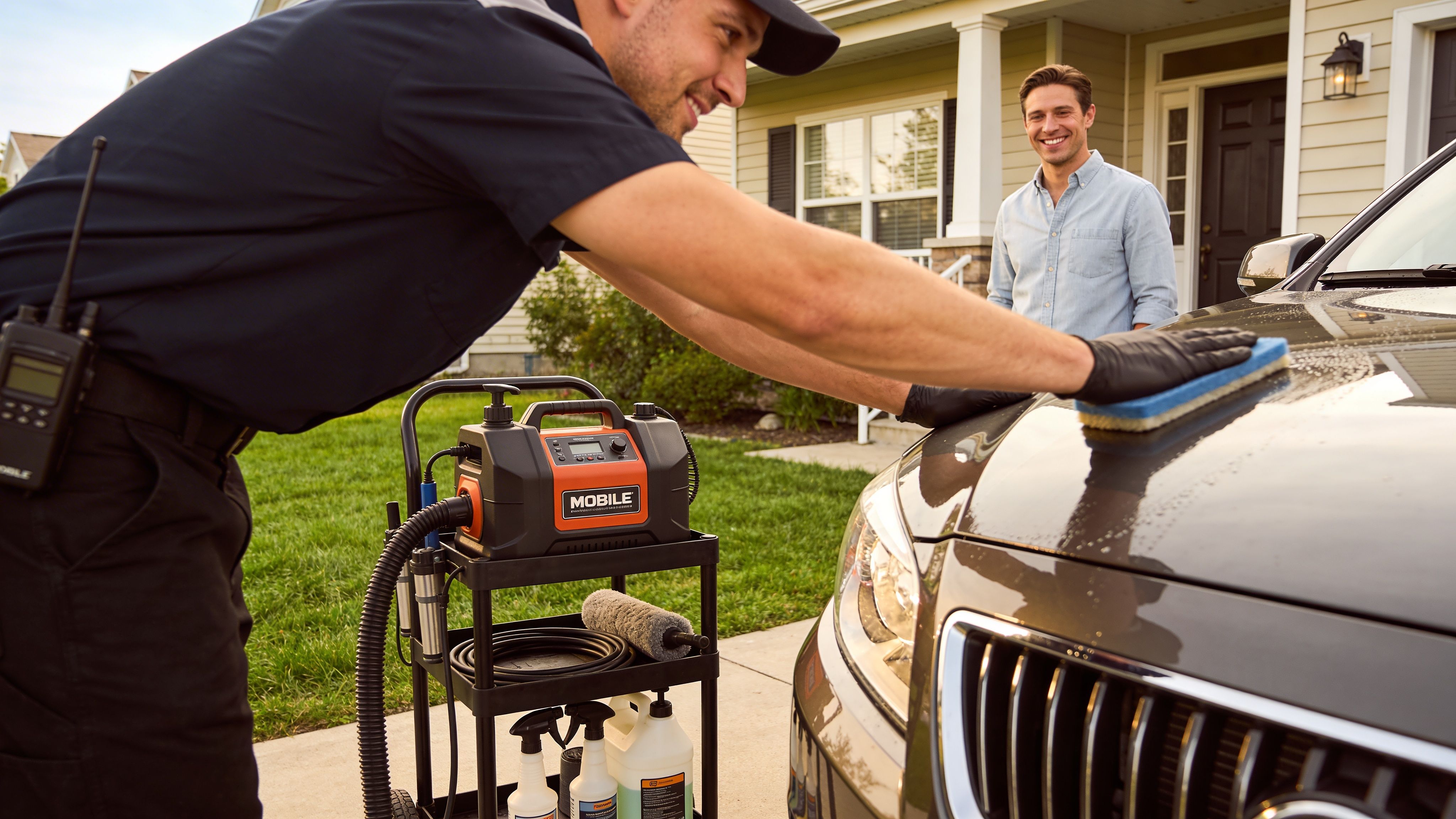 A professional car detailer cleaning a car hood while the satisfied customer watches in the background.