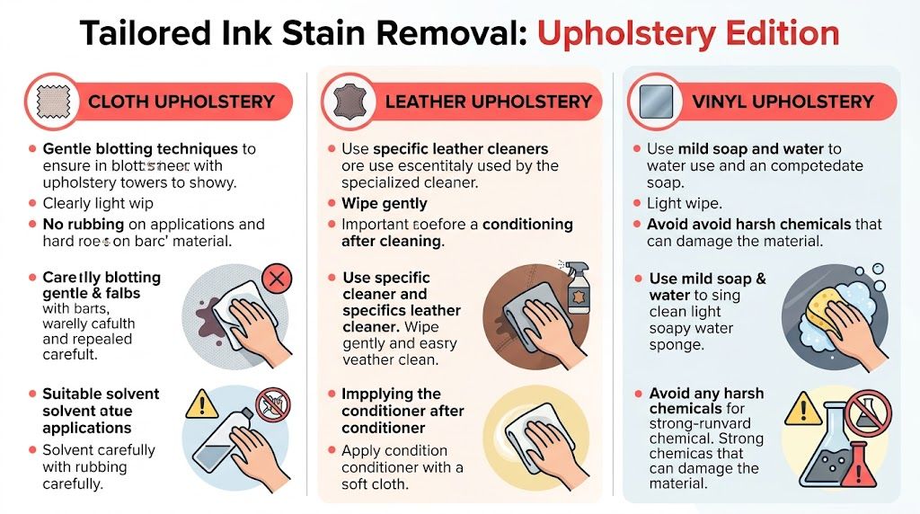 An infographic titled Tailored Ink Stain Removal for Upholstery showing steps to clean cloth, leather, and vinyl.