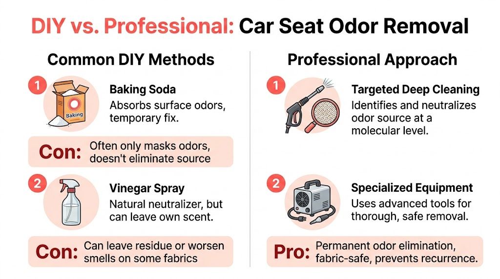 A comparison chart showing the pros and cons of DIY versus professional methods for removing car seat odors.