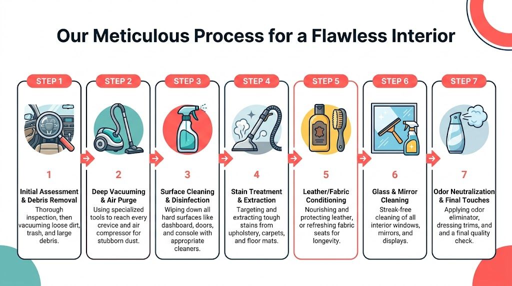A seven-step infographic detailing a professional car interior cleaning process from initial inspection to final odor removal.