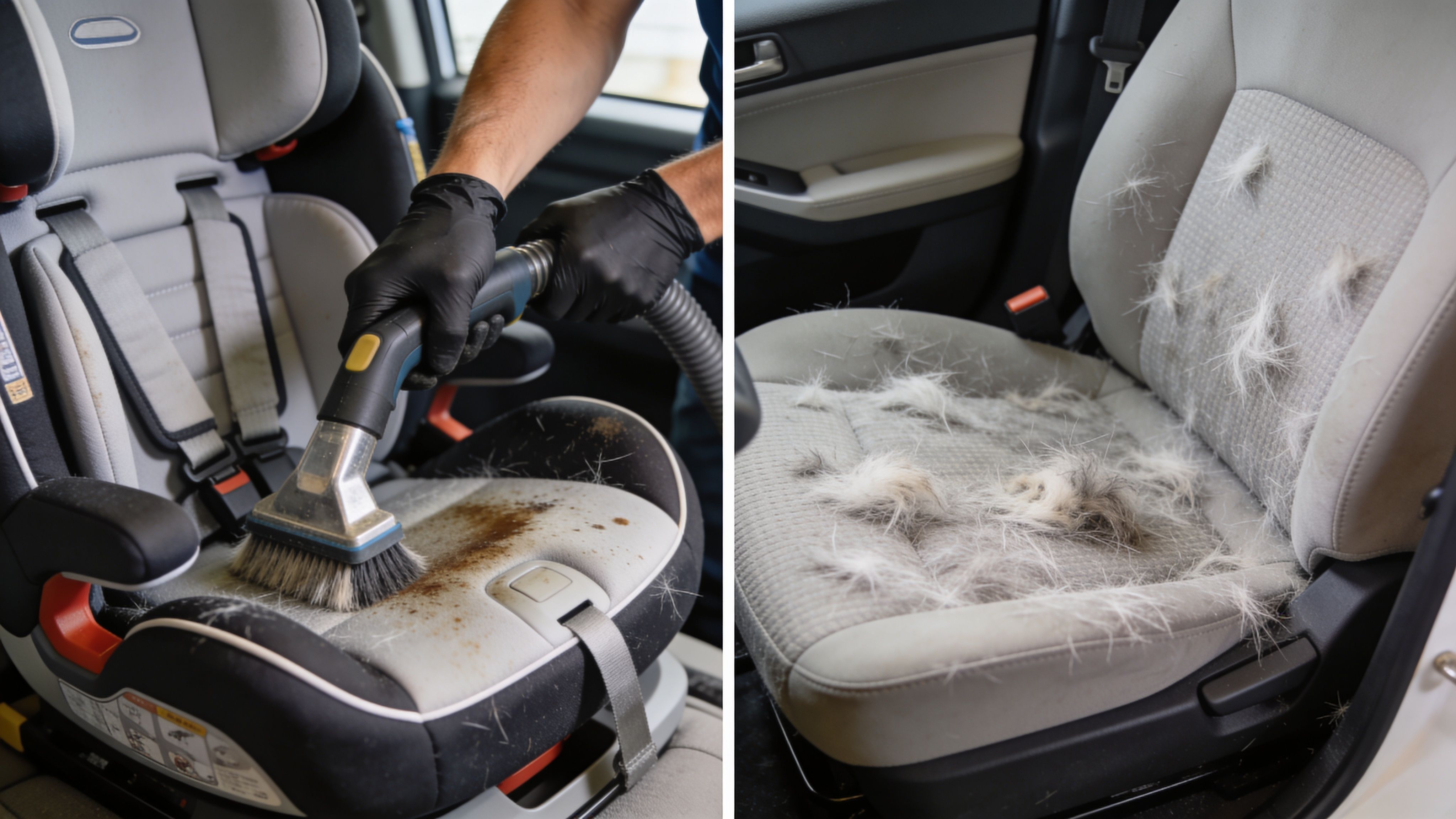 A professional detailer cleaning a car seat and a child seat covered in pet hair and dirt.