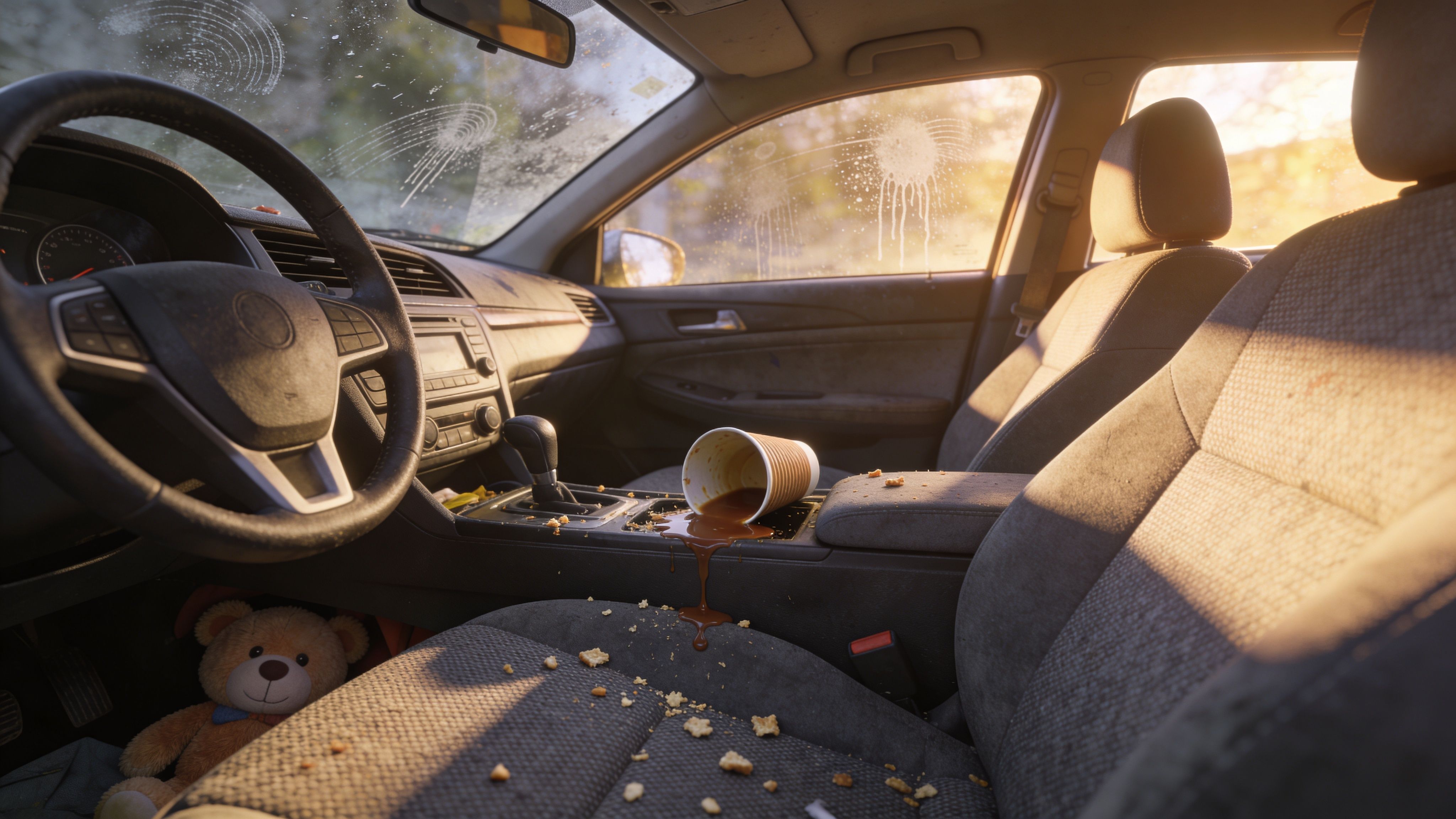A messy car interior with a spilled coffee cup, cookie crumbs, and a teddy bear on the floor.