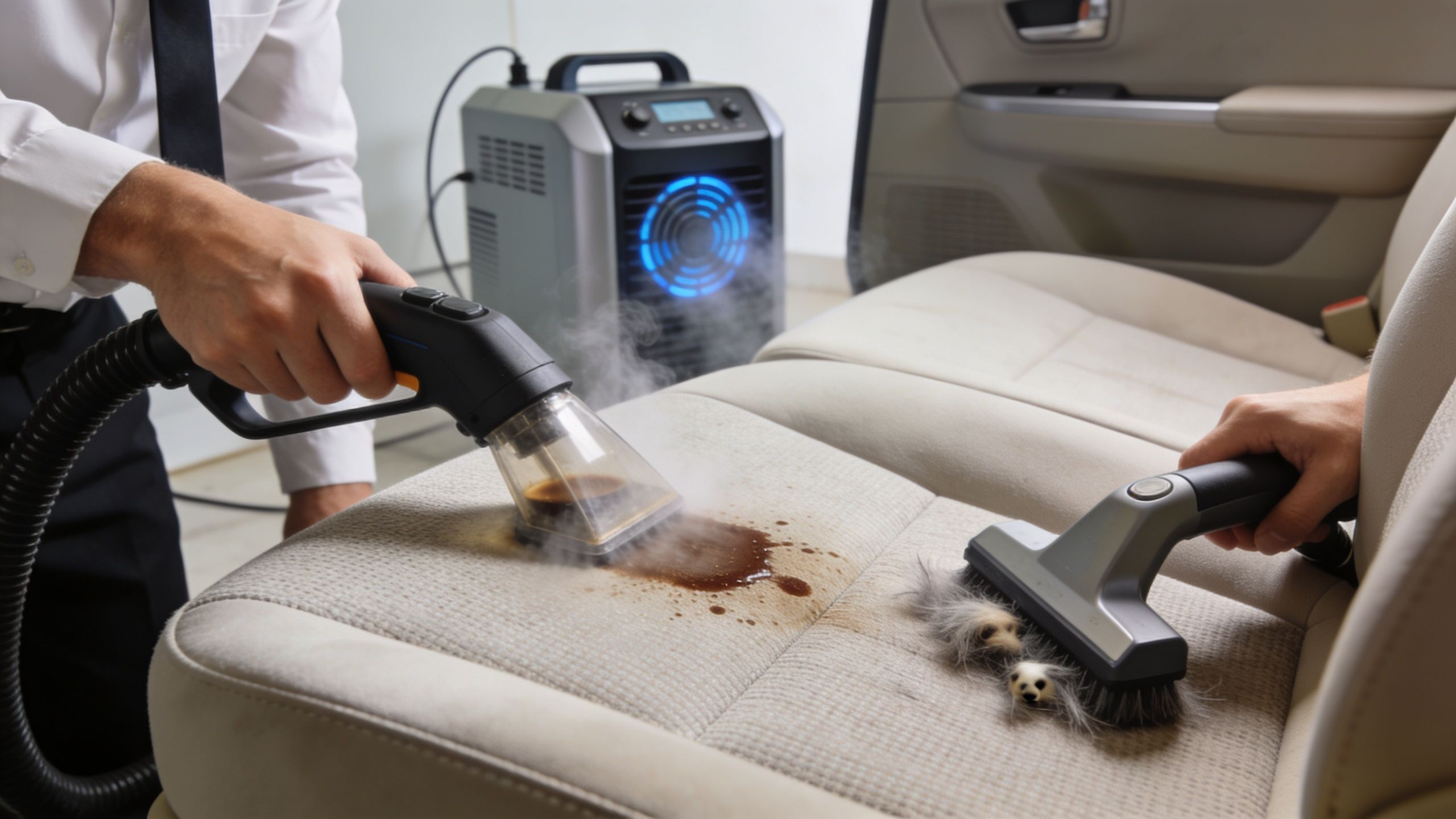 A professional car interior detailer uses a steam cleaner and vacuum on a beige car seat.